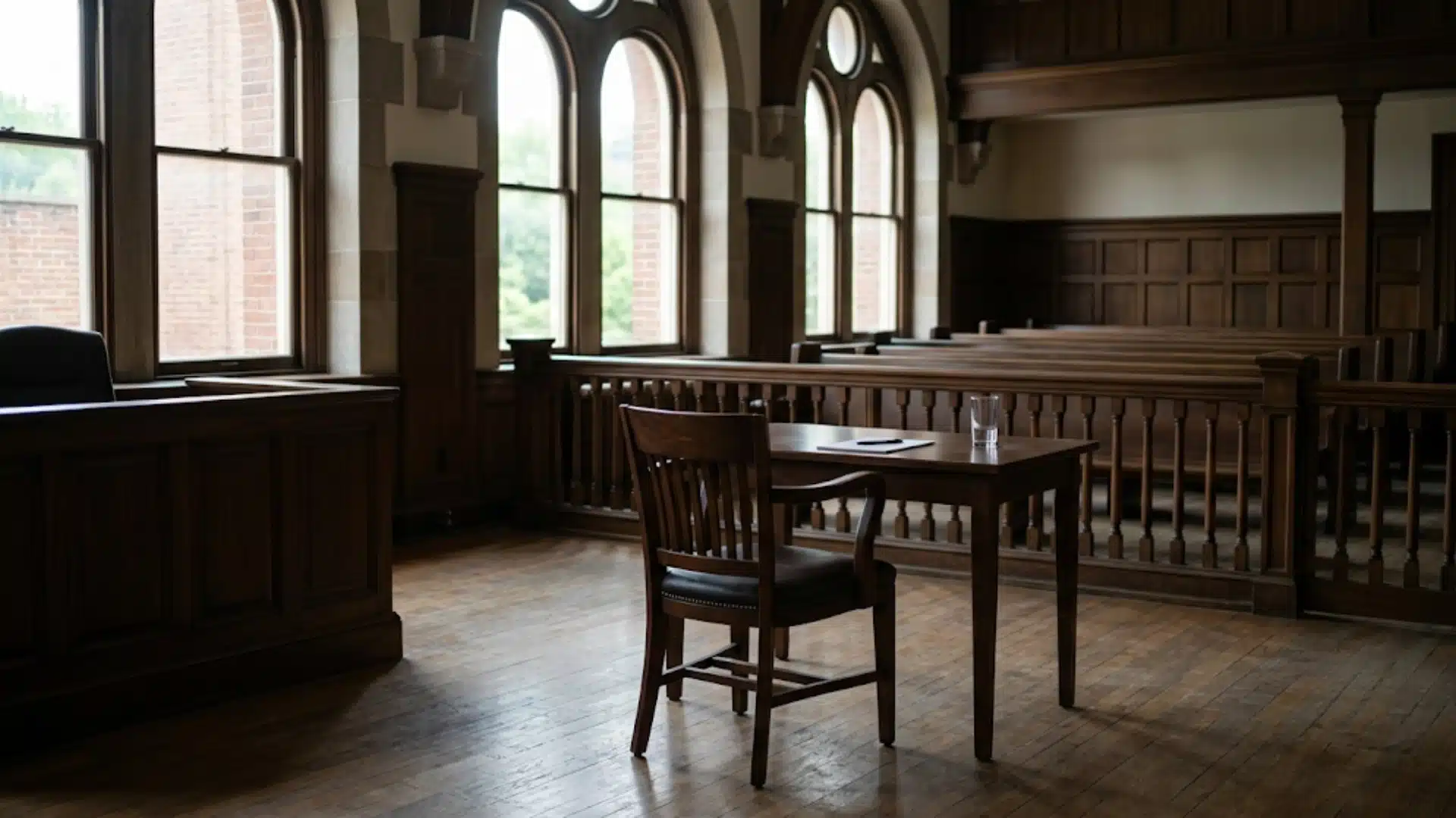 An empty wooden chair and table set up in a classic, light-filled courtroom.