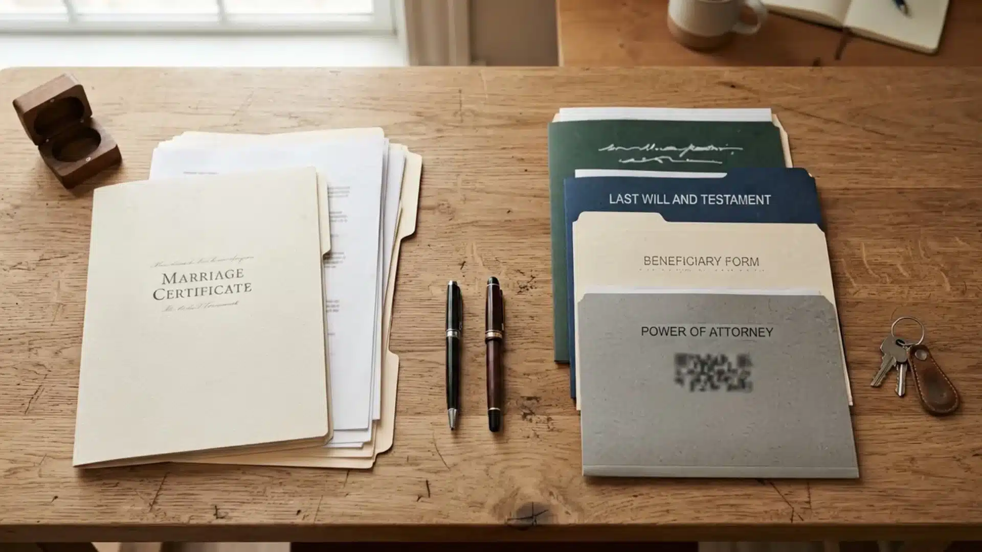 Flat lay of legal documents, including a marriage certificate, will, and power of attorney.