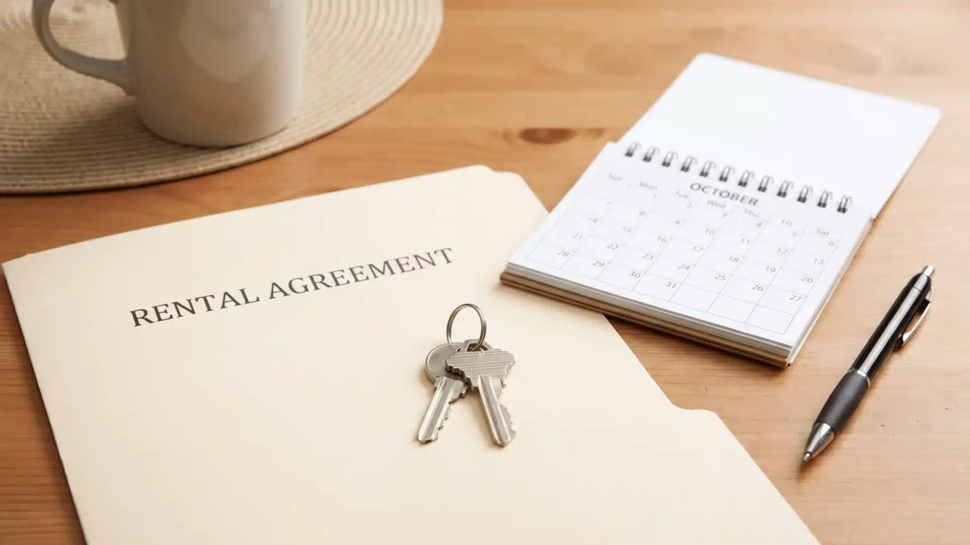 Rental documents, keys, calendar, and pen arranged on a table representing housing rules