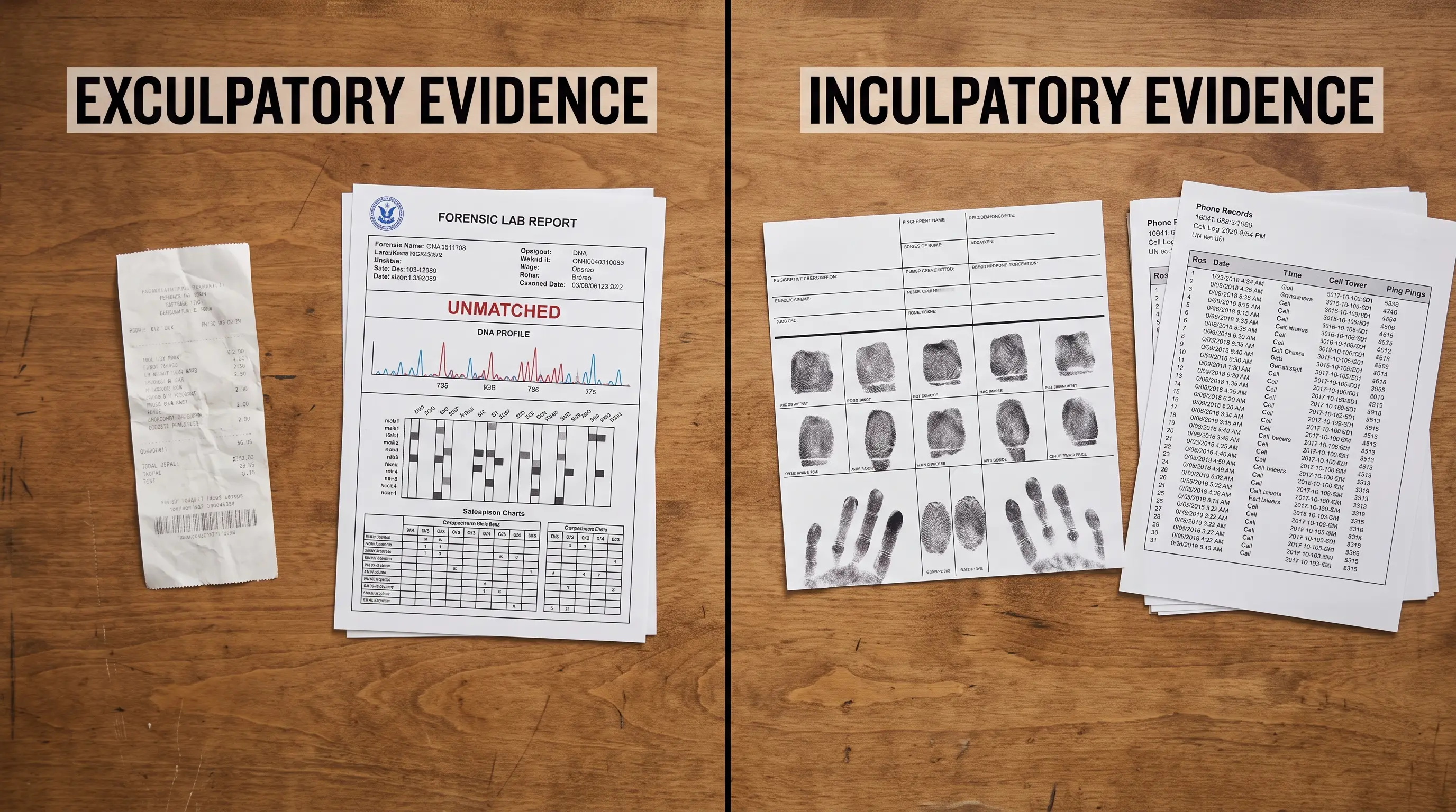 Alibi and unmatched DNA evidence compared with matching fingerprints and phone records on a divided desk.