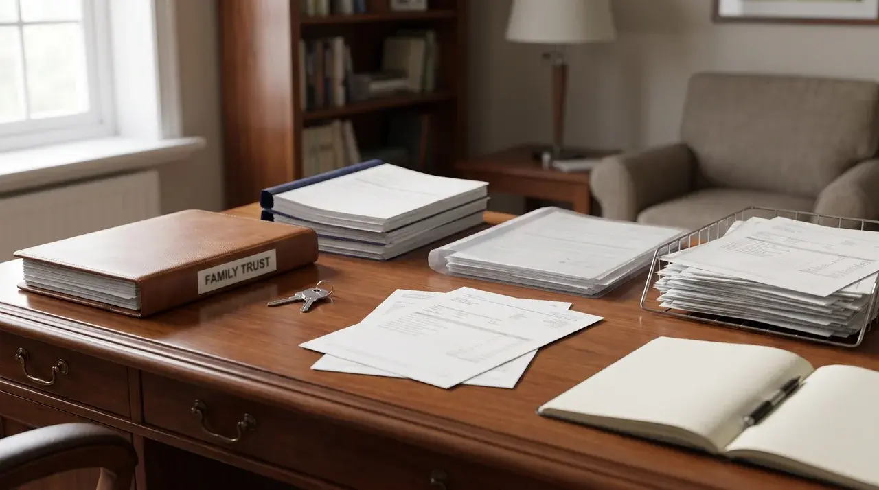 Family trust planning documents with property records and asset organization on a home office desk.