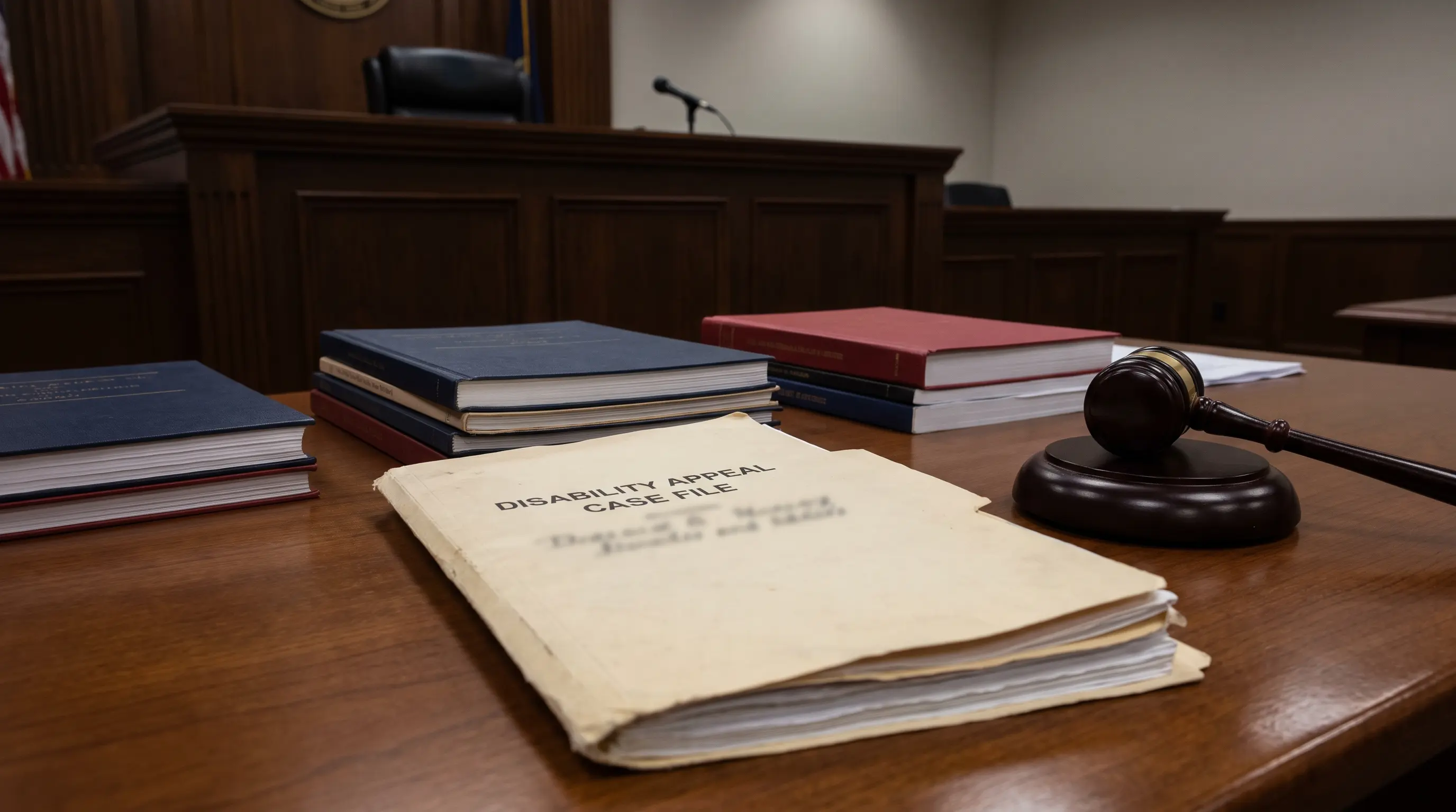 Disability appeal case file and legal briefs arranged before a federal courtroom bench.