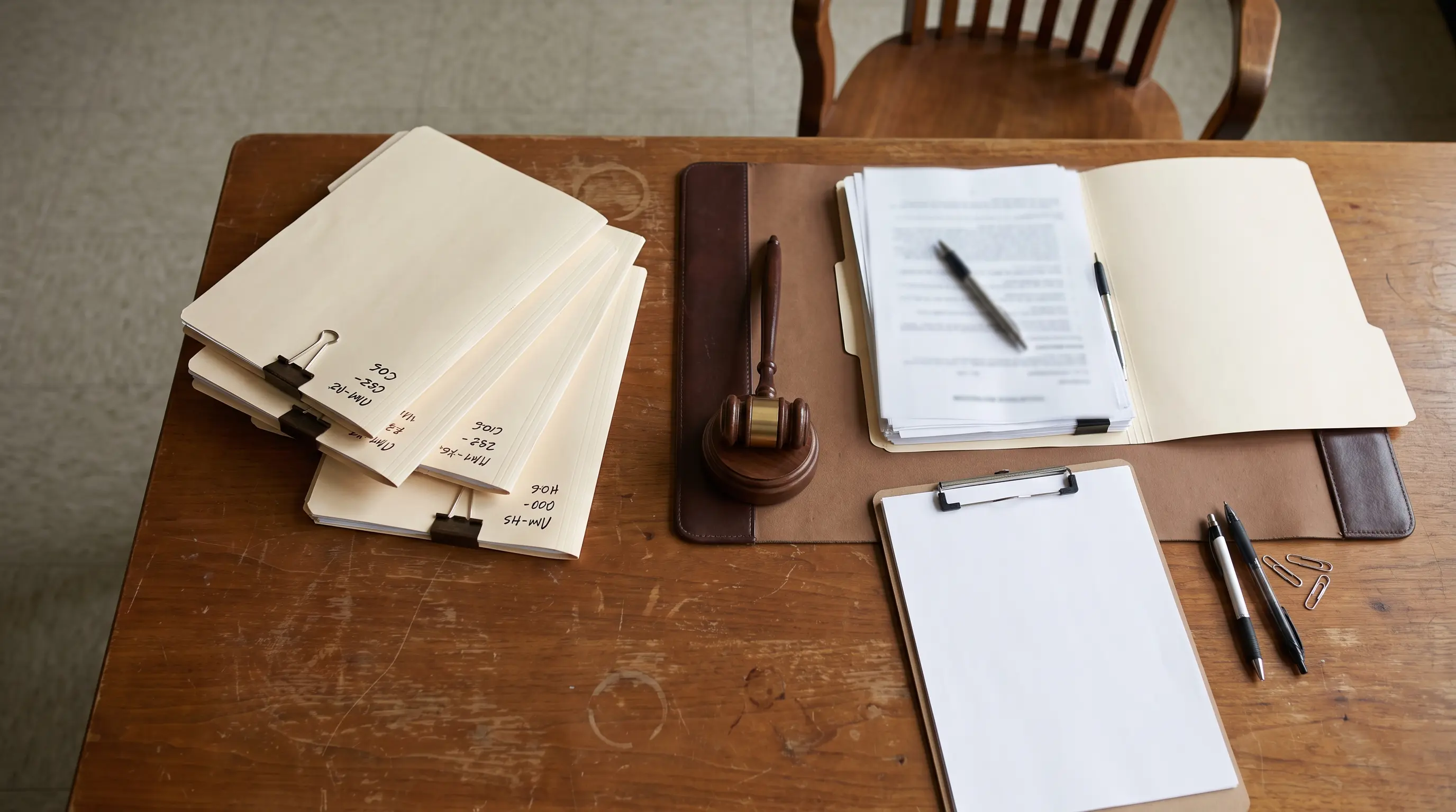 Closed felony case folders separated from an open eligibility folder on a courthouse review desk.