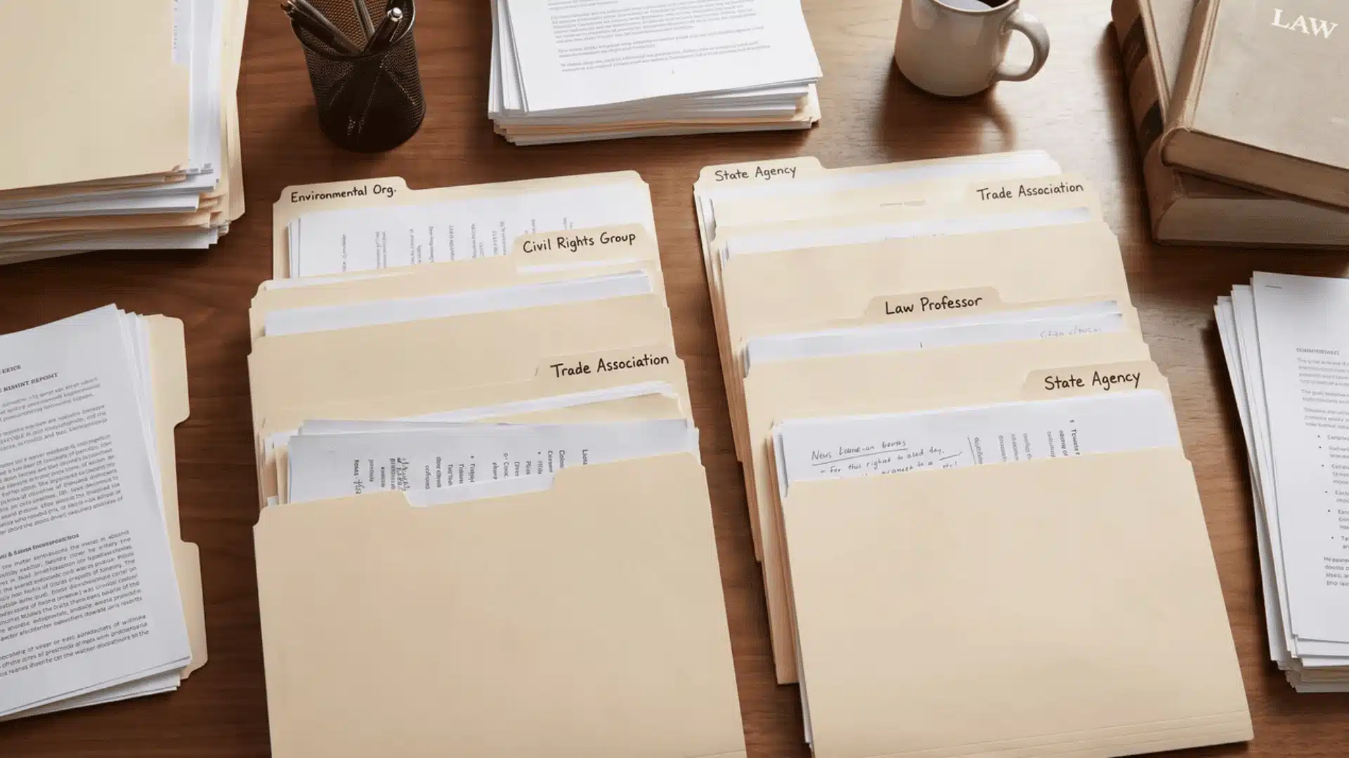 Folders and documents representing different amicus brief filers
