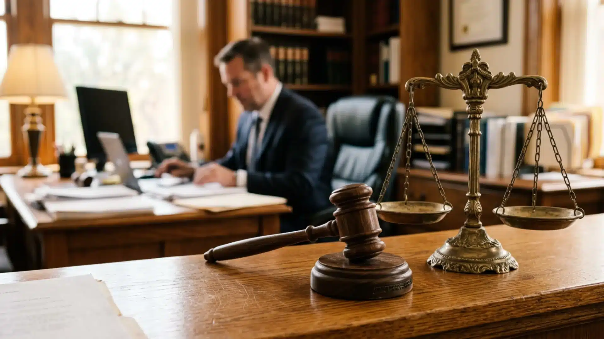 Gavel and scales of justice on a desk in a lawyer's office