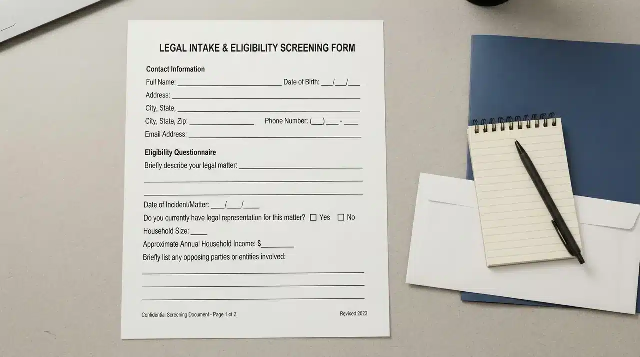 Generic legal screening form with basic contact fields and no banking credential fields