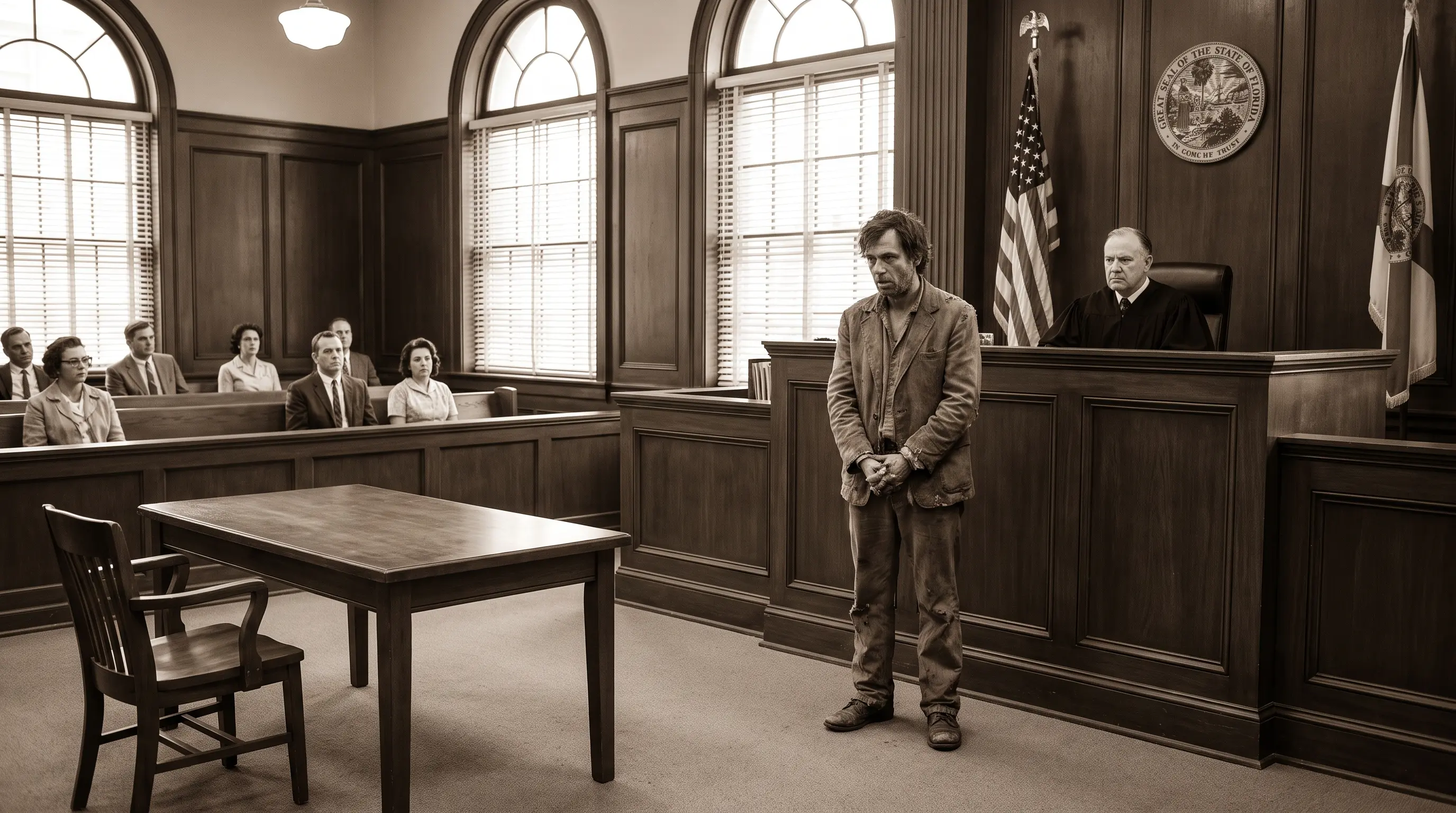 Defendant stands without a lawyer in a 1960s courtroom, representing the Gideon v. Wainwright case.