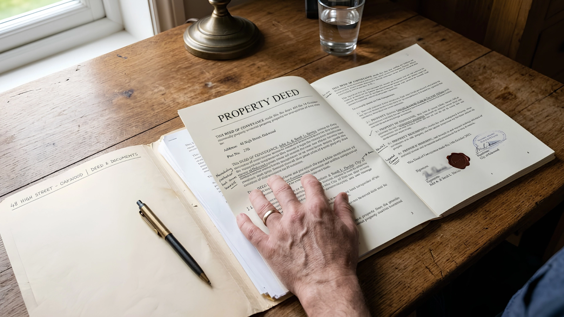 Person's hand reviewing an open official property deed folder placed on a wooden desk.
