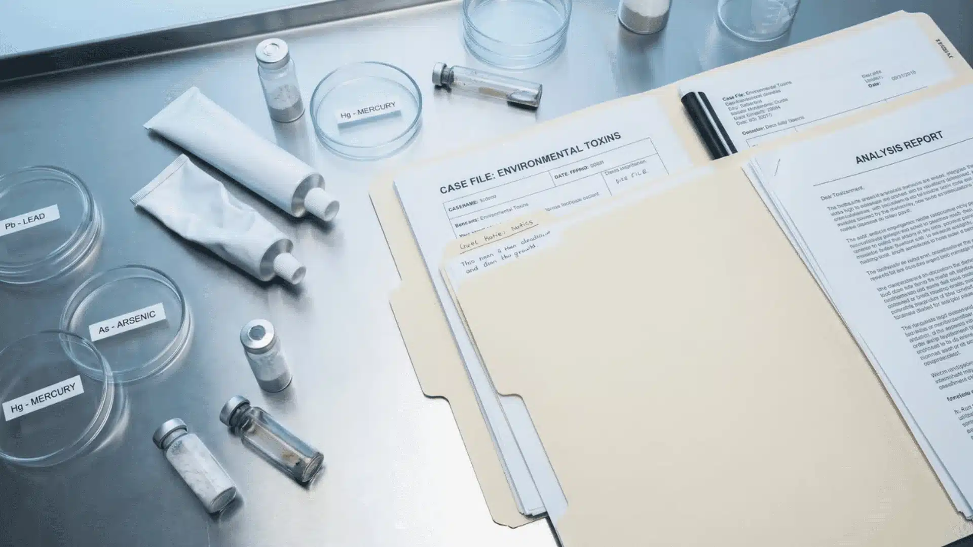 Two toothpaste tubes beside laboratory sample containers and open legal case files