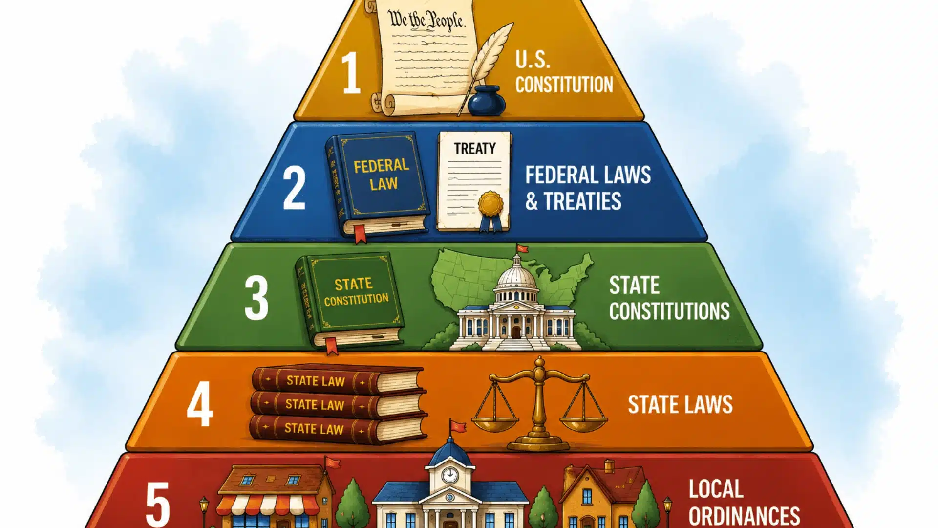 Five-tier pyramid showing the hierarchy of U.S. laws from the Constitution to local ordinances