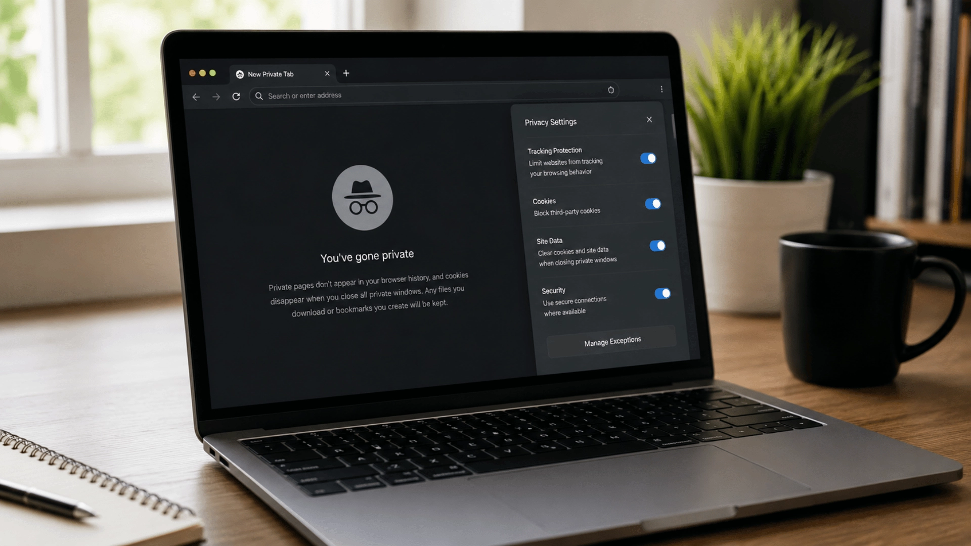 Laptop with browser privacy window and notebook on desk