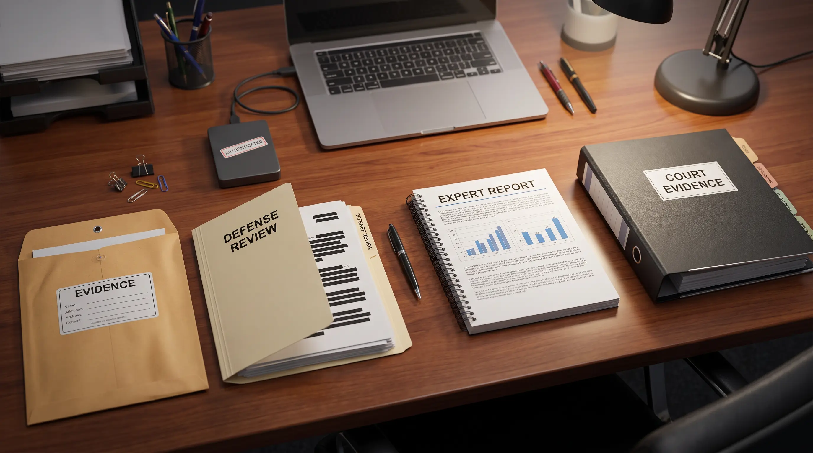 Evidence arranged through disclosure, defense review, authentication, expert analysis, and courtroom preparation.