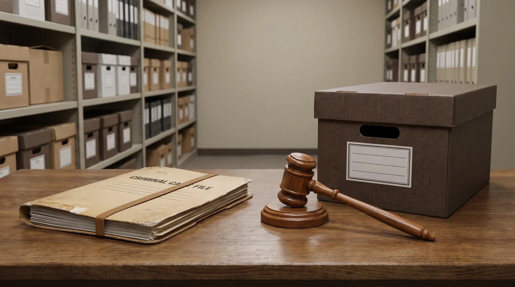 Criminal case file, courthouse gavel, and closed records box arranged on a legal office desk.