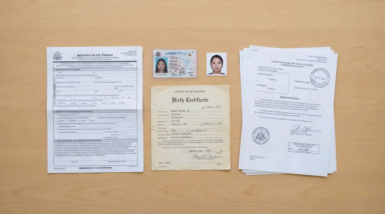 Passport application documents including ID, birth certificate, and discharge papers on a table.