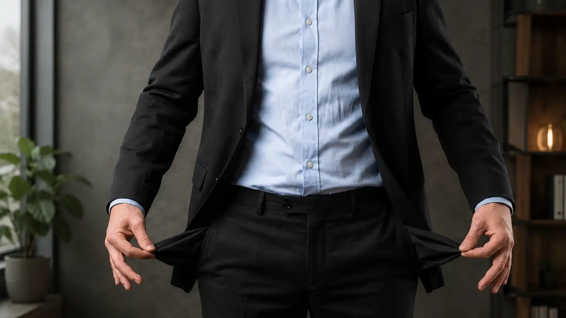 Empty suit pockets pulled out by a person, illustrating financial hardship and the need to file Chapter 13 bankruptcy