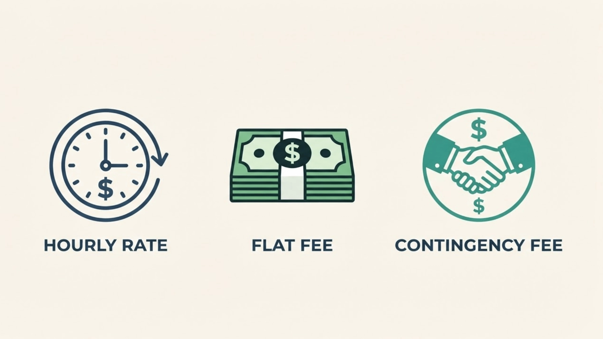 Icons showing hourly rate, flat fee, and contingency fee