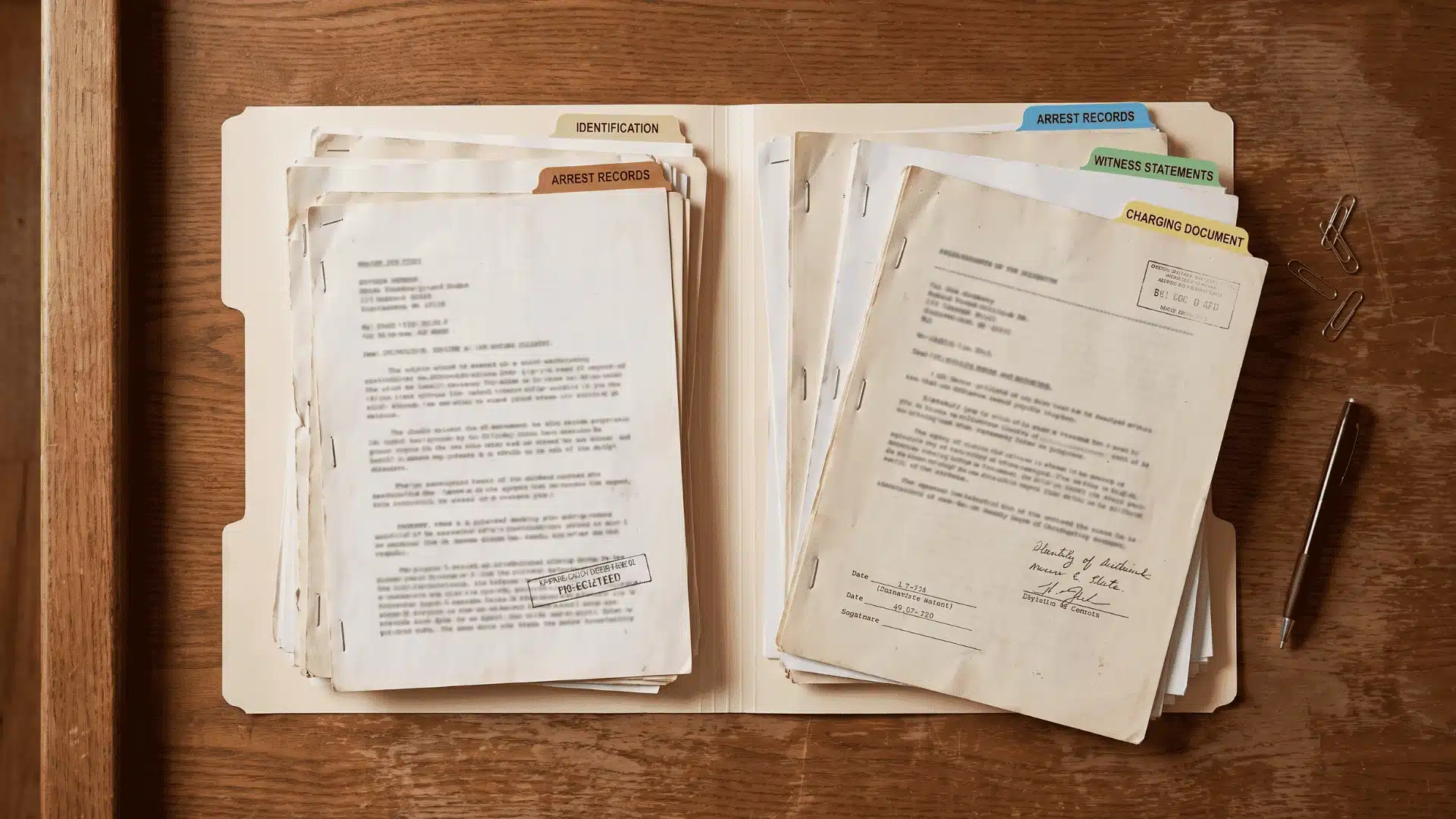 Identification, arrest, witness, and charging records arranged in an open court case file