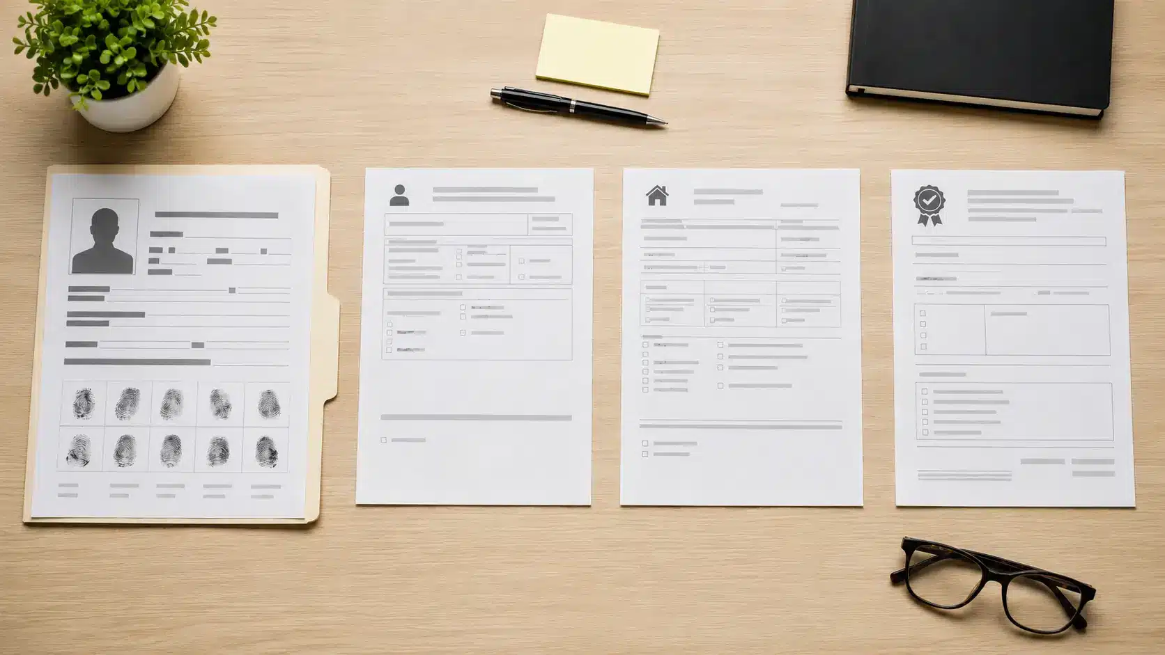 Criminal background report beside employment, housing, and professional licensing documents