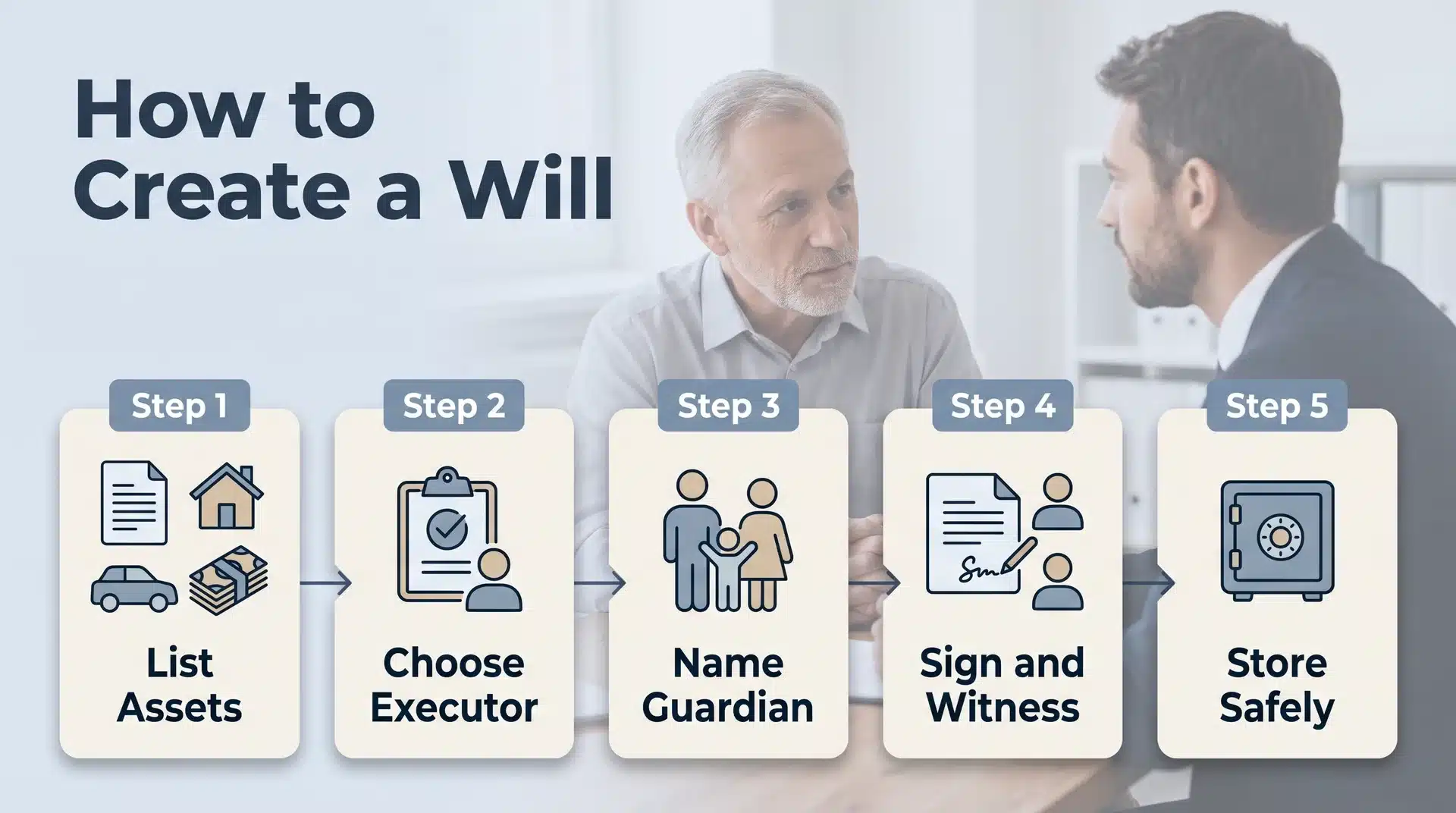Infographic showing 5 steps to create a will over a blurred lawyer consultation background.