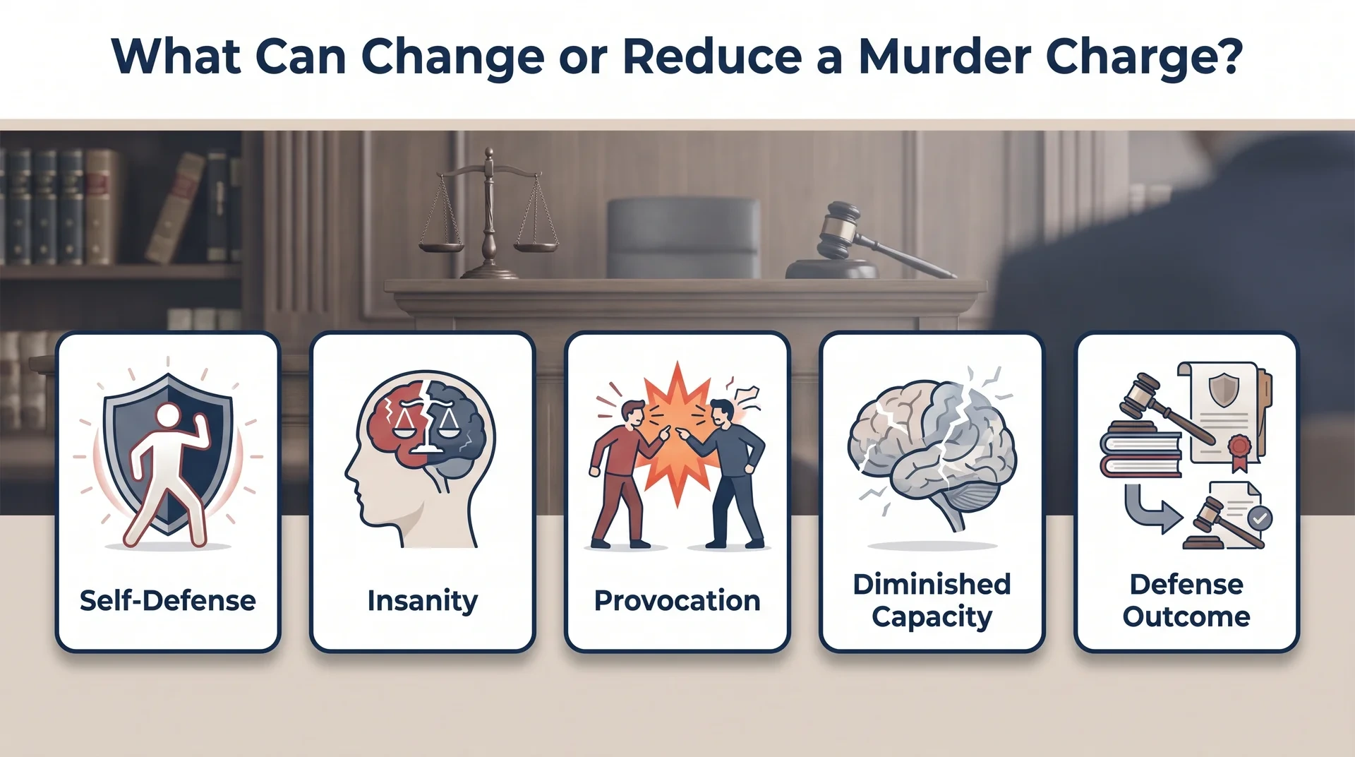 Infographic showing five factors that change or reduce a murder charge in a courtroom setting.