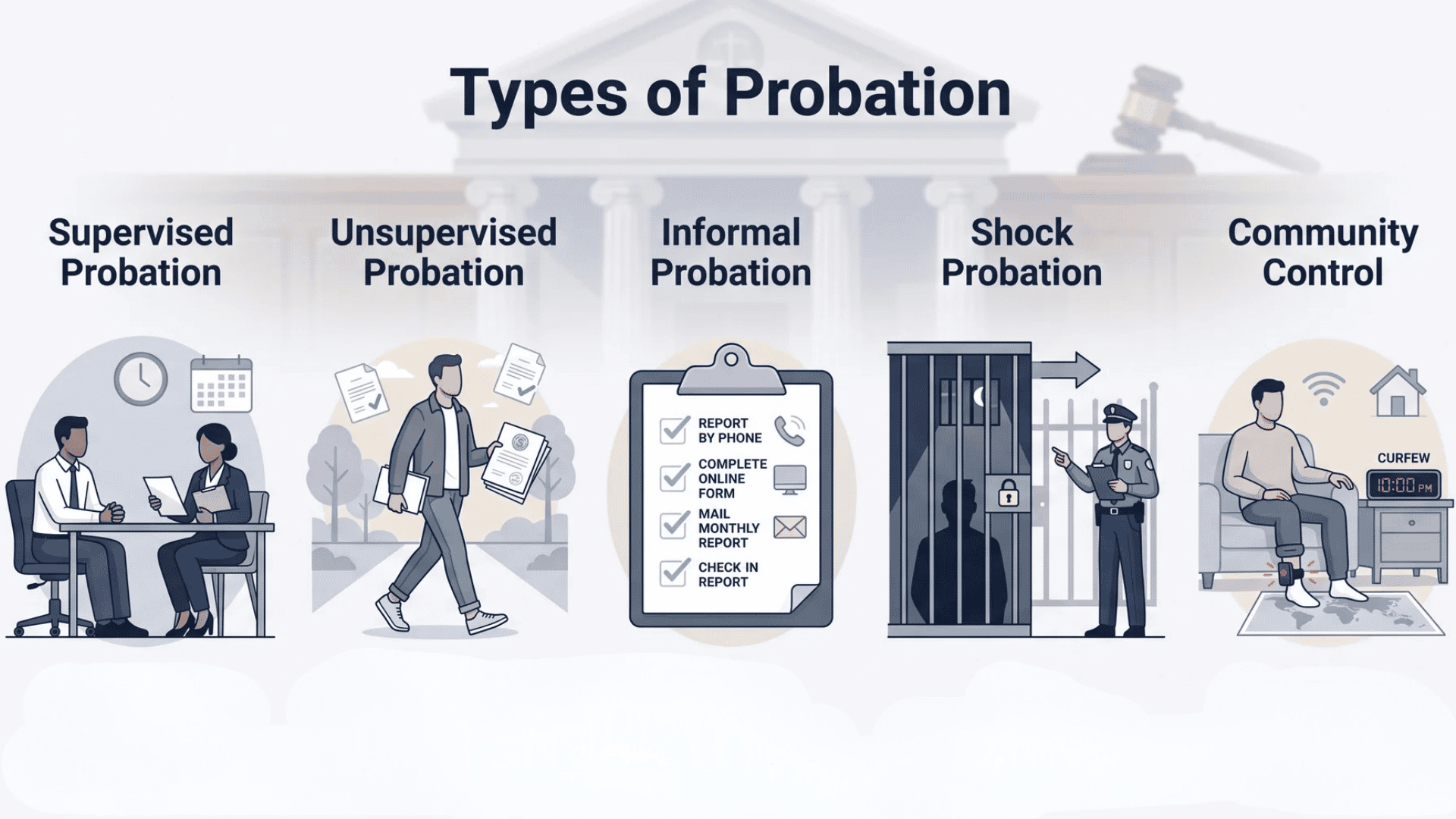 Infographic showing five types of probation with labeled illustrations for each supervision level.