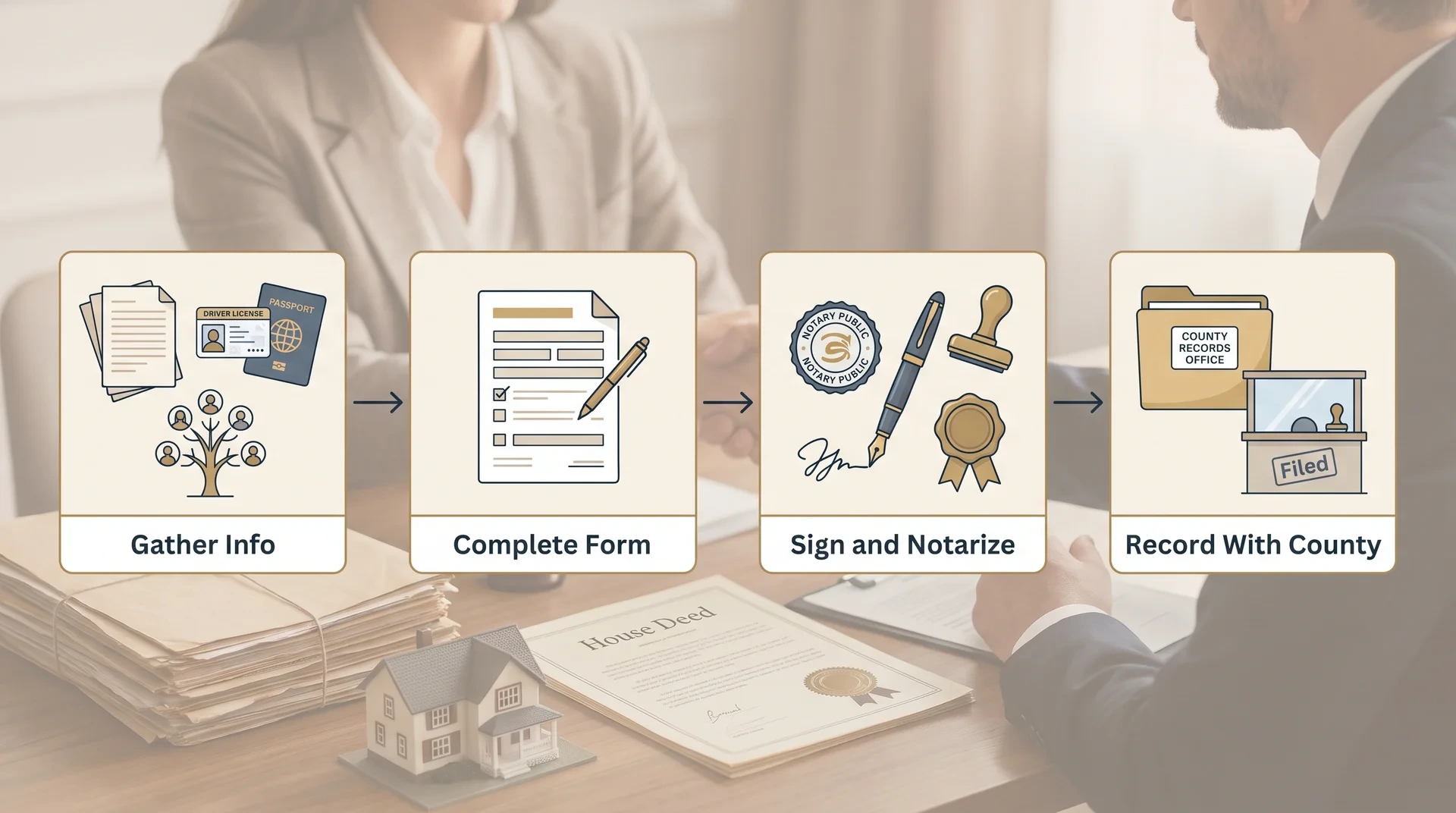 Infographic showing four steps to complete and file an affidavit of heirship