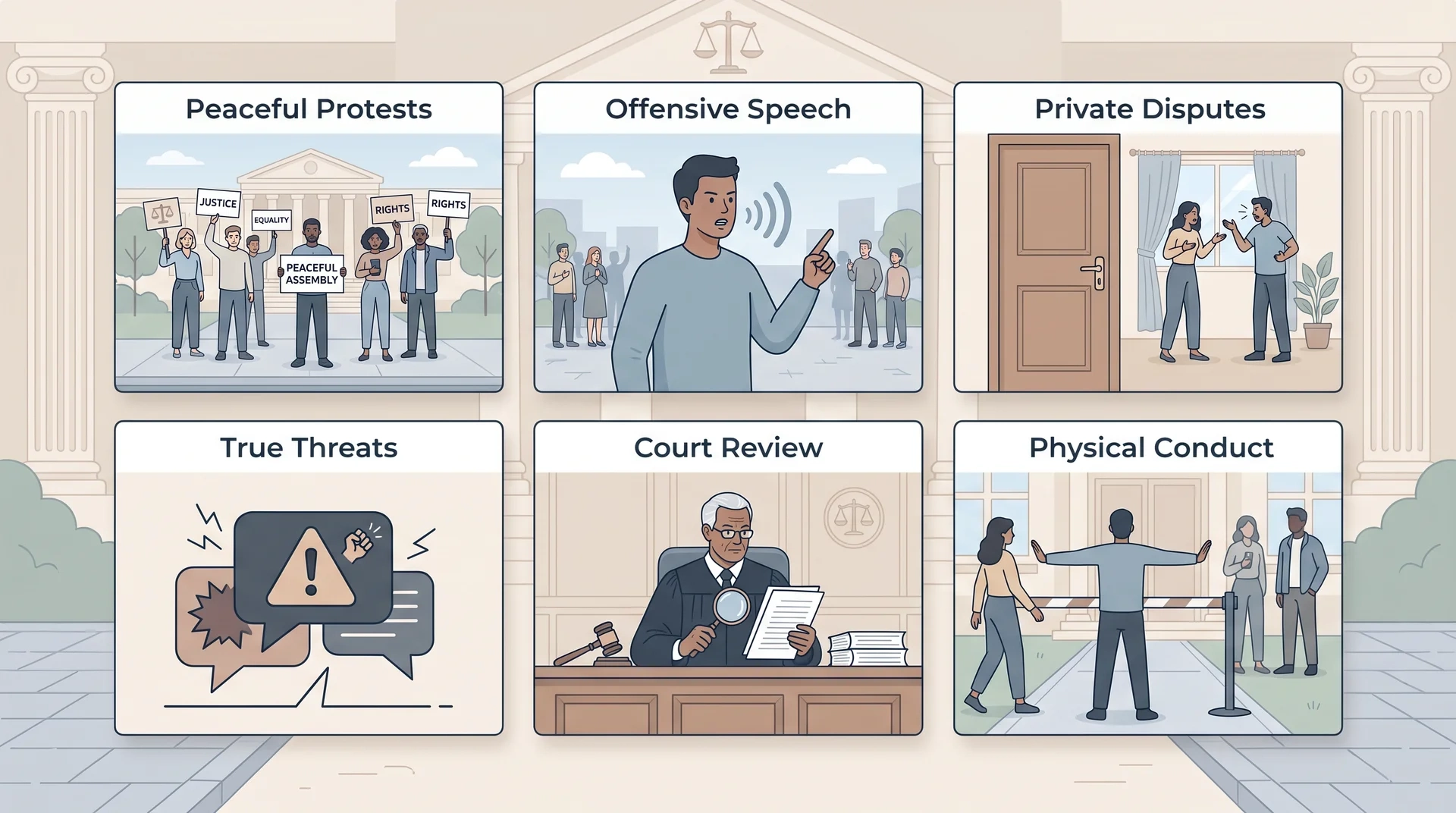 Infographic showing six examples related to what may not count as disorderly conduct