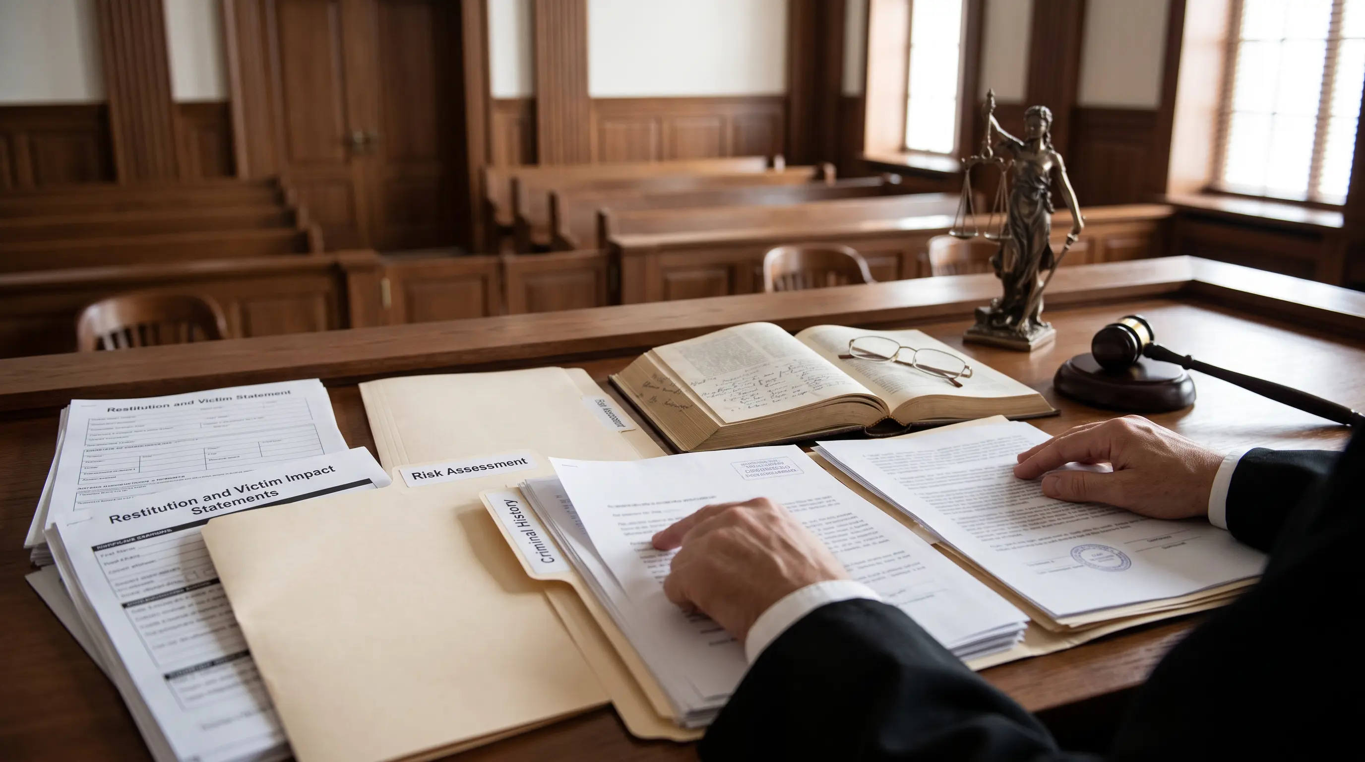 Judge reviewing legal factors before deciding probation eligibility