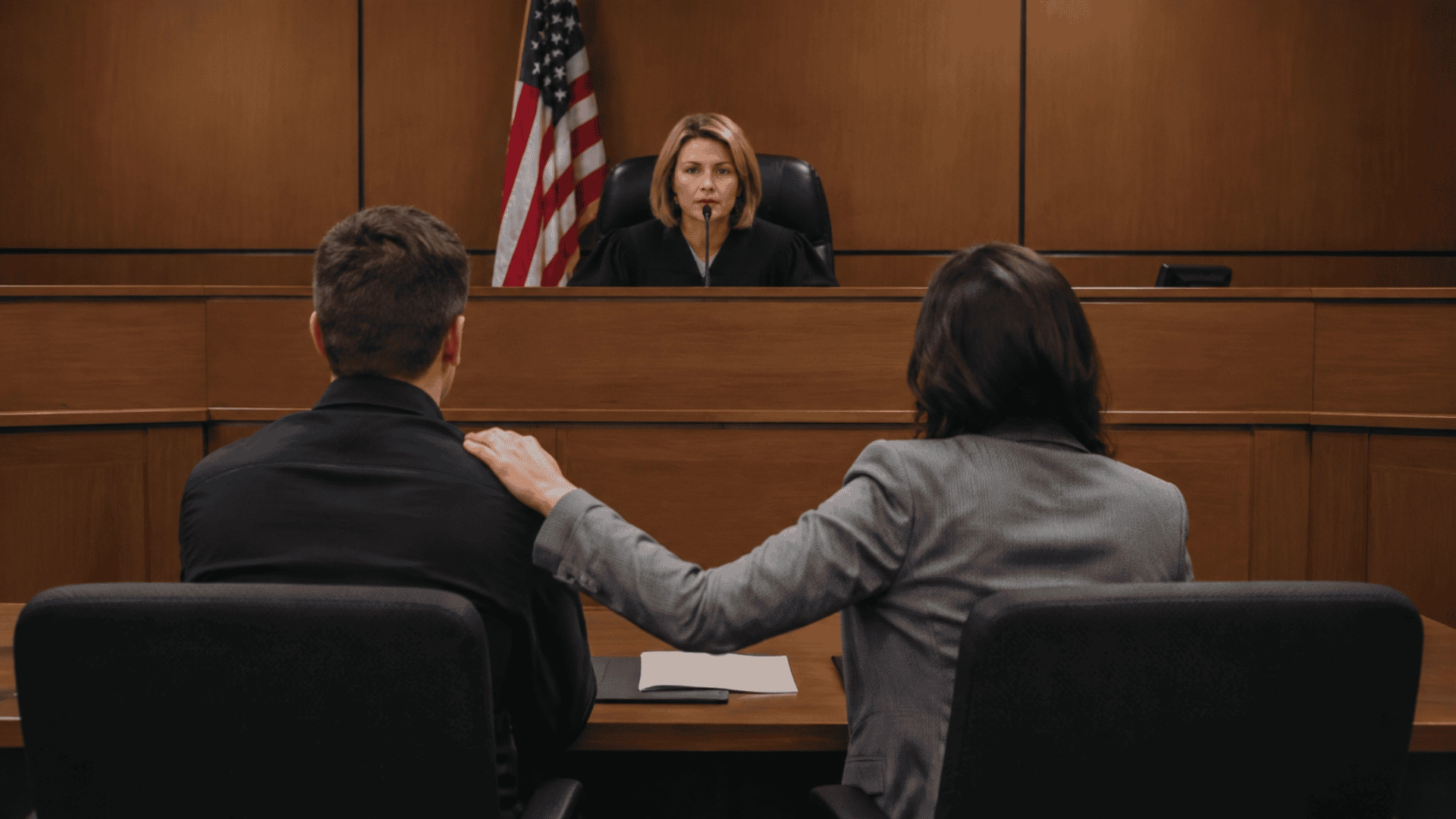 Judge seated at a courtroom bench with two people sitting in front during a legal hearing.