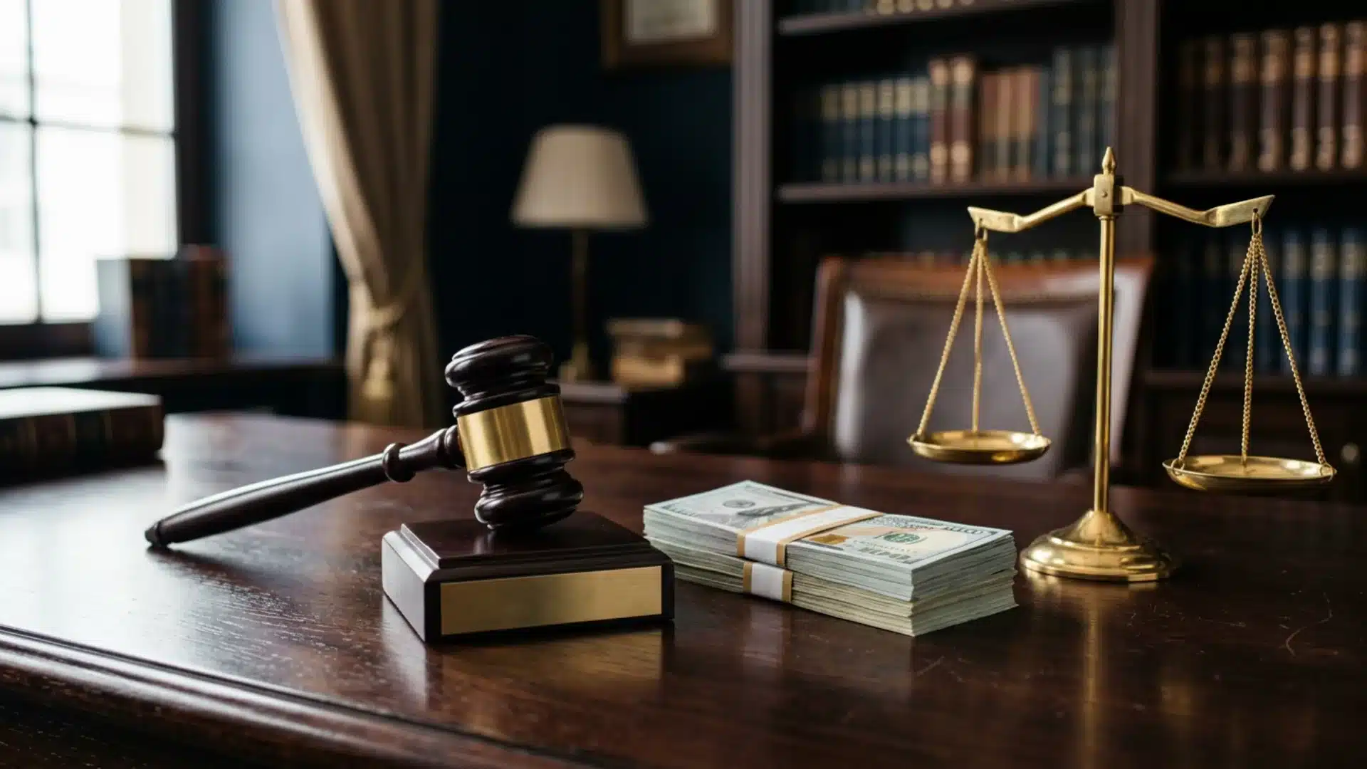 Judge's gavel, scales of justice, and stacks of cash on a lawyer's desk in a law office