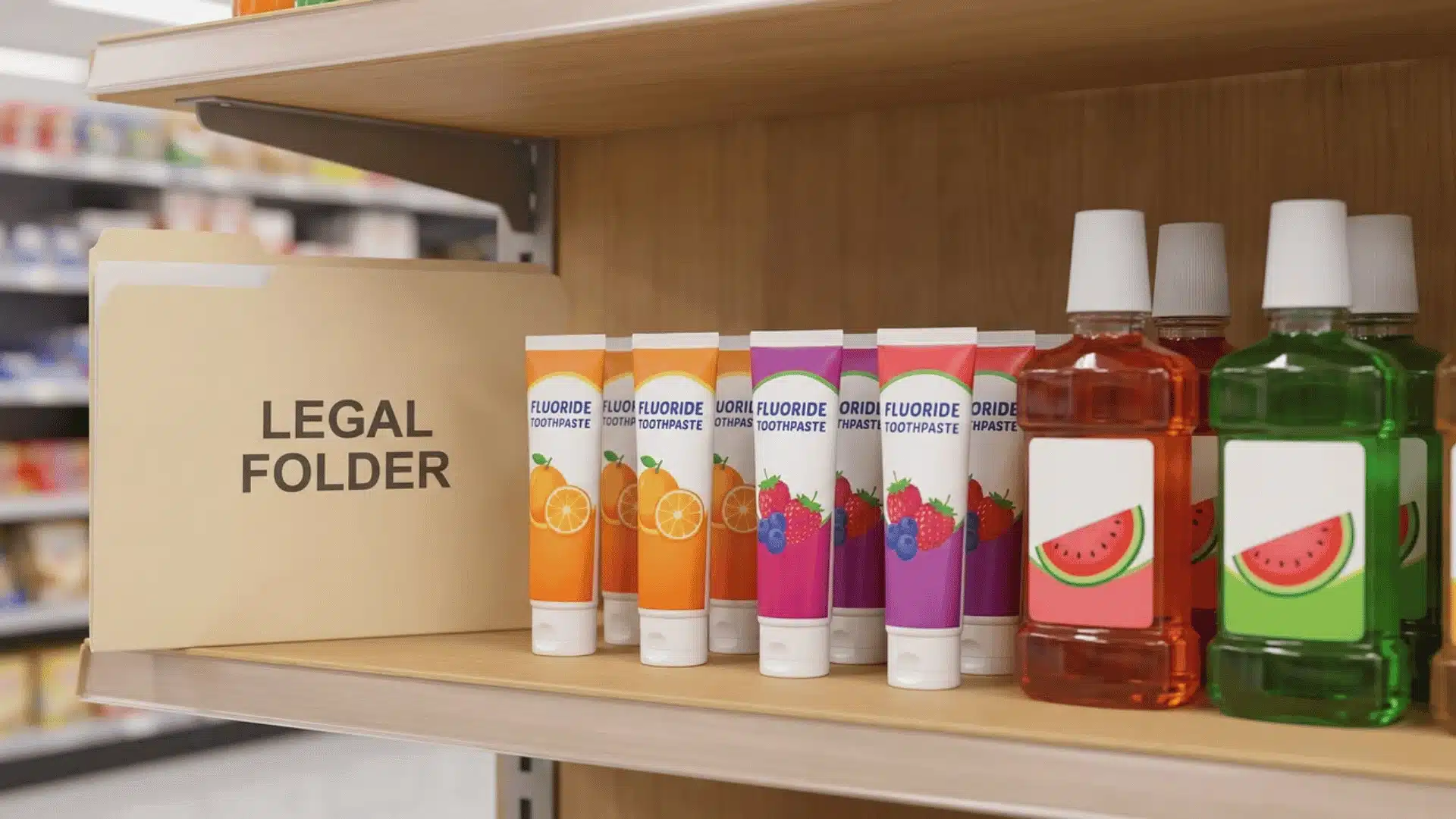 Children’s fluoride toothpaste and mouth rinse in fruit-themed packaging beside a legal folder