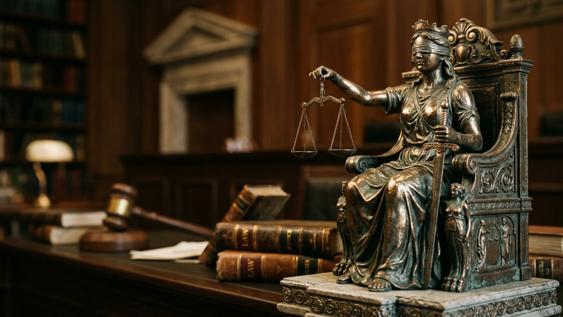 Lady Justice statue with scales and sword in a courtroom