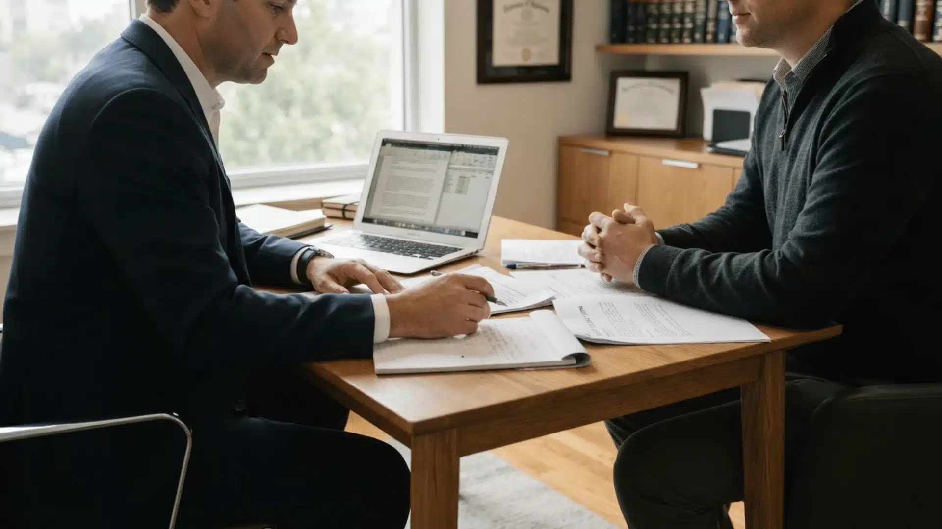 Lawyer reviewing legal documents with a client in an office