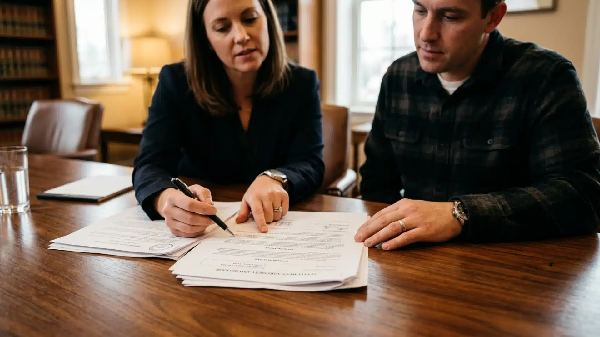 Lawyer guiding a client through legal documents during a consultation in aoffice