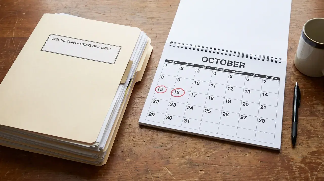 Legal case file beside a calendar with a marked filing date