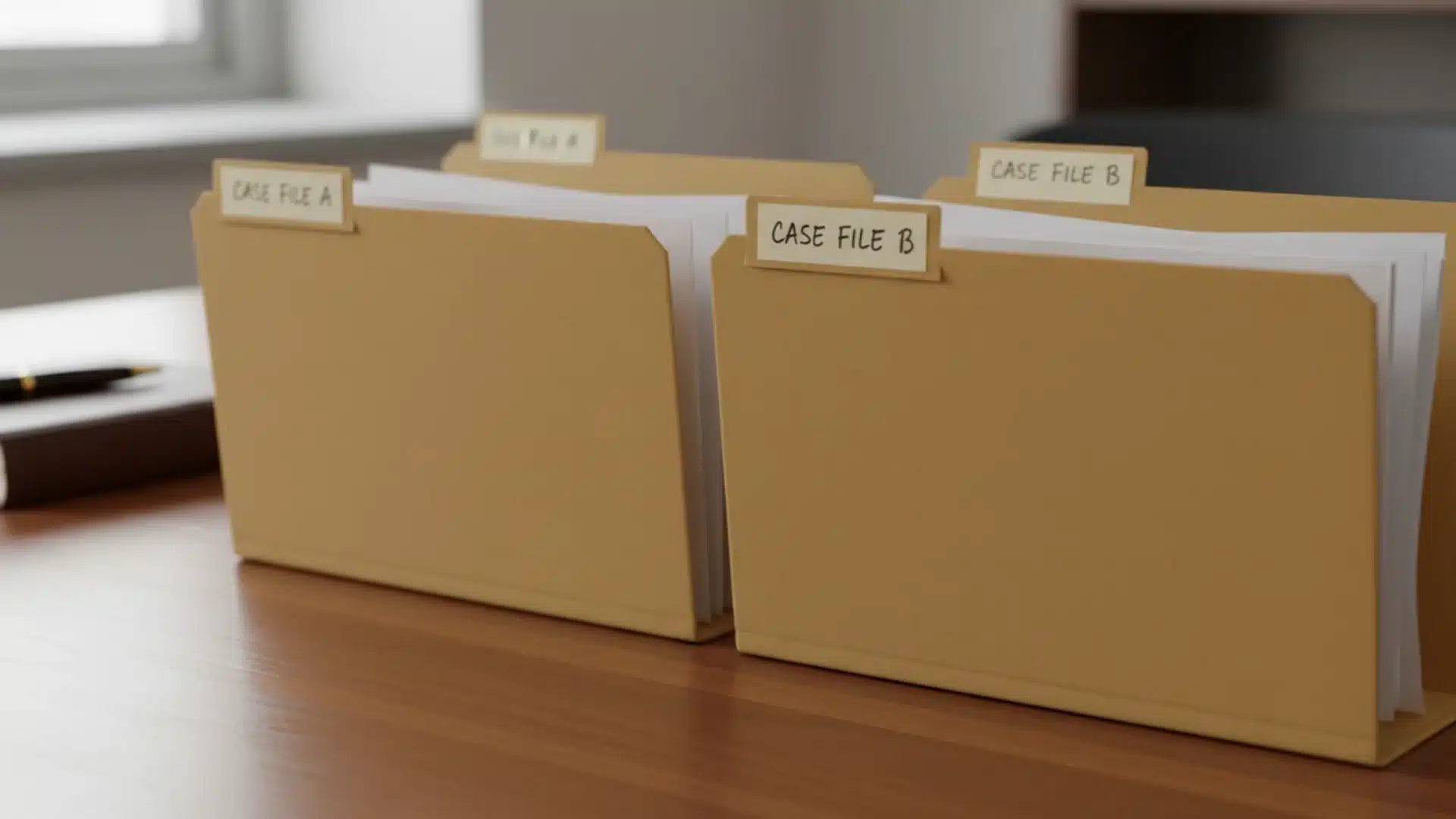 Manila case file folders labeled A and B arranged neatly on a wooden desk
