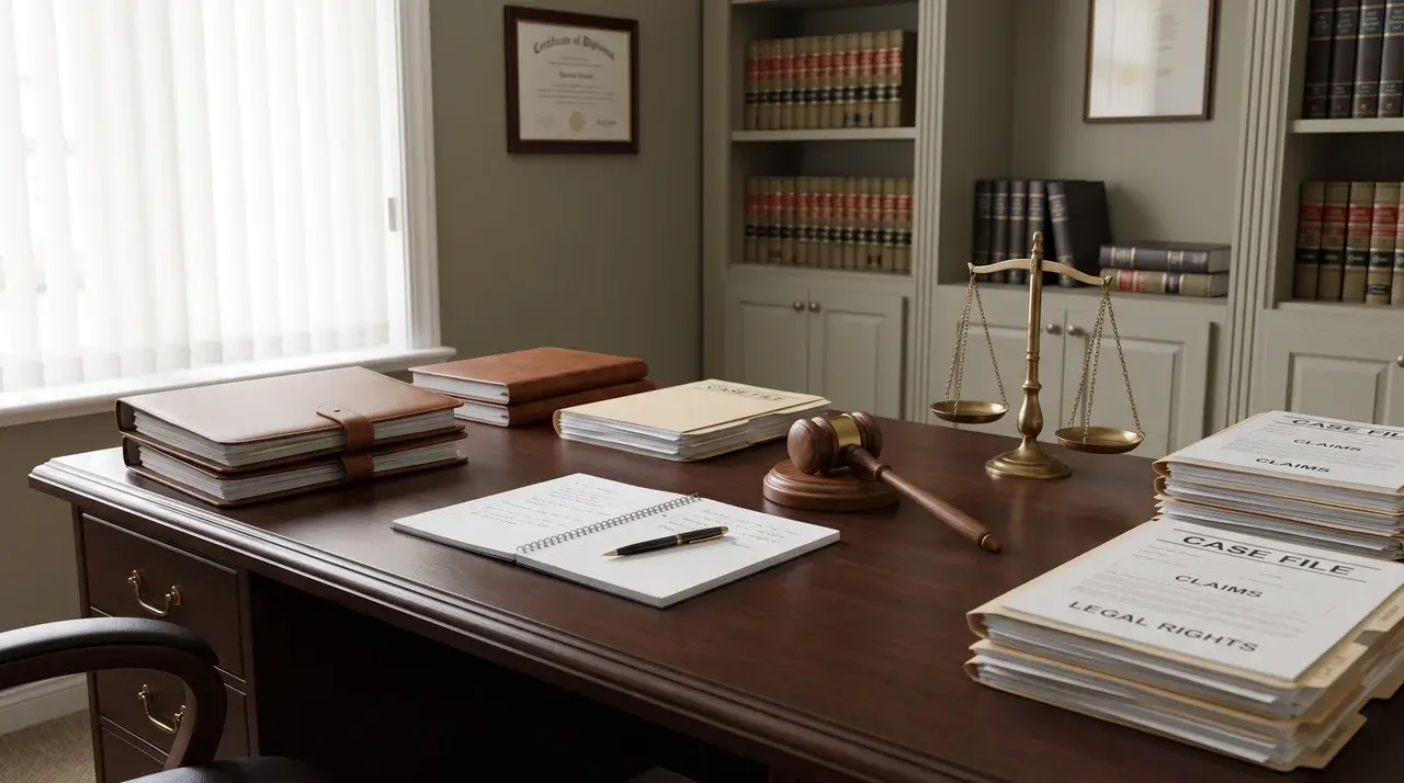 Legal documents, gavel, and scales of justice representing legal options for emotional distress claims.