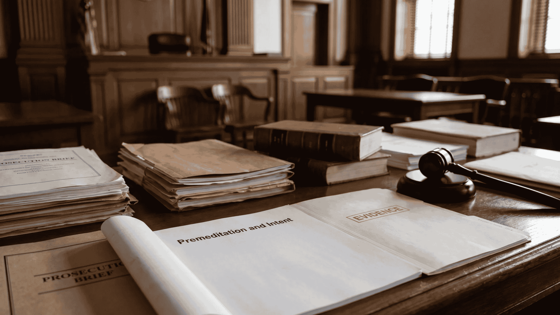 Legal documents reading Premeditation and Intent alongside a gavel on a courtroom desk.