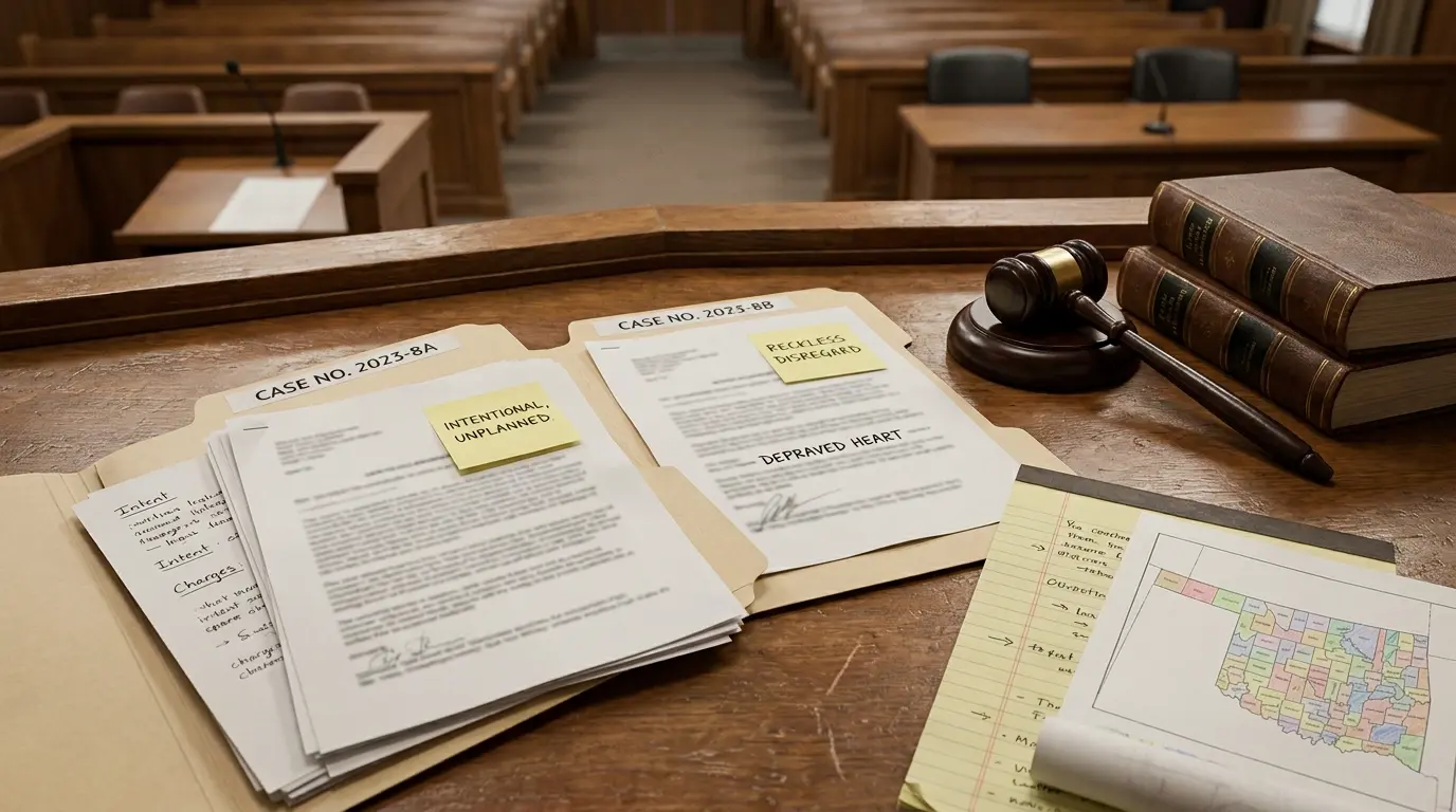 Legal files and courtroom materials representing second-degree murder, intent, and jurisdiction differences
