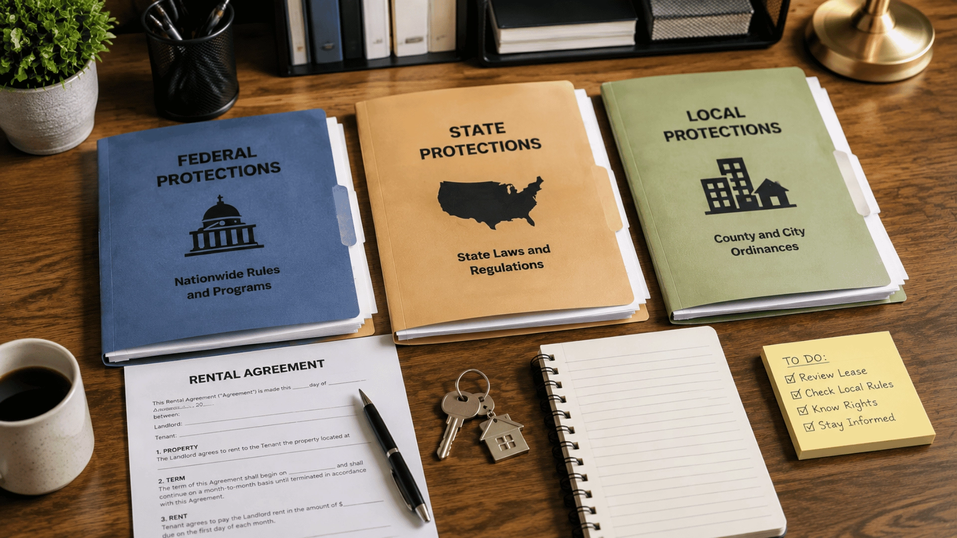 Legal folders, rental papers, and house model representing different eviction protection sources