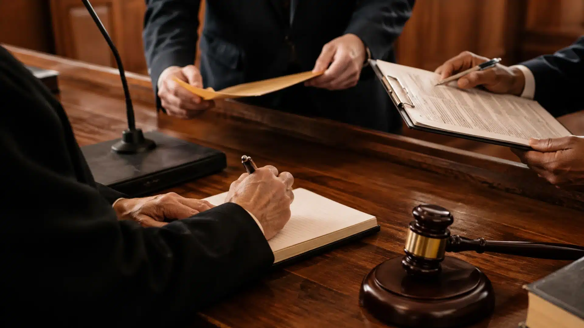 Legal professionals review court documents beside a gavel on a wooden courtroom desk