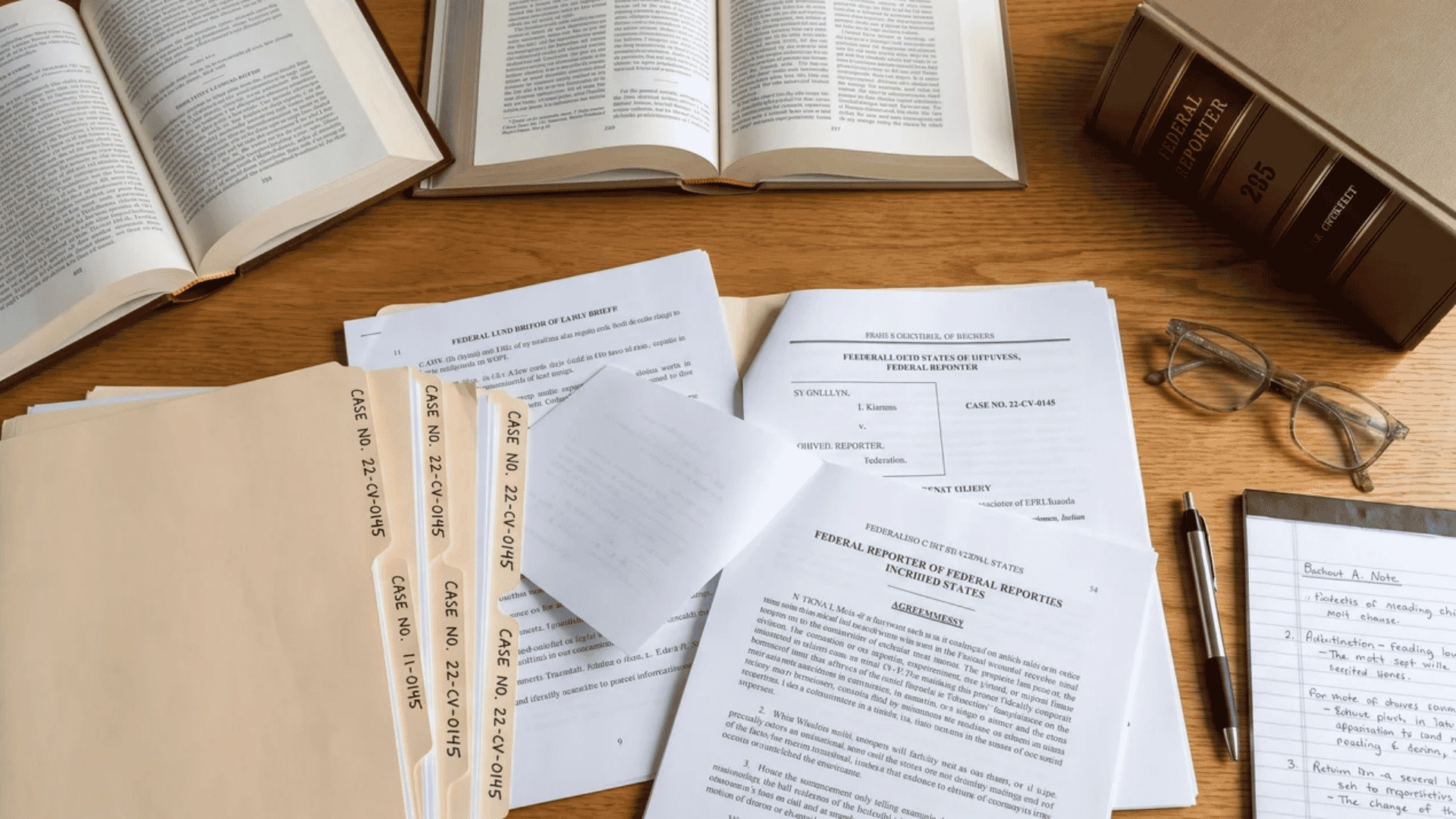Legal research papers and case files arranged for court review