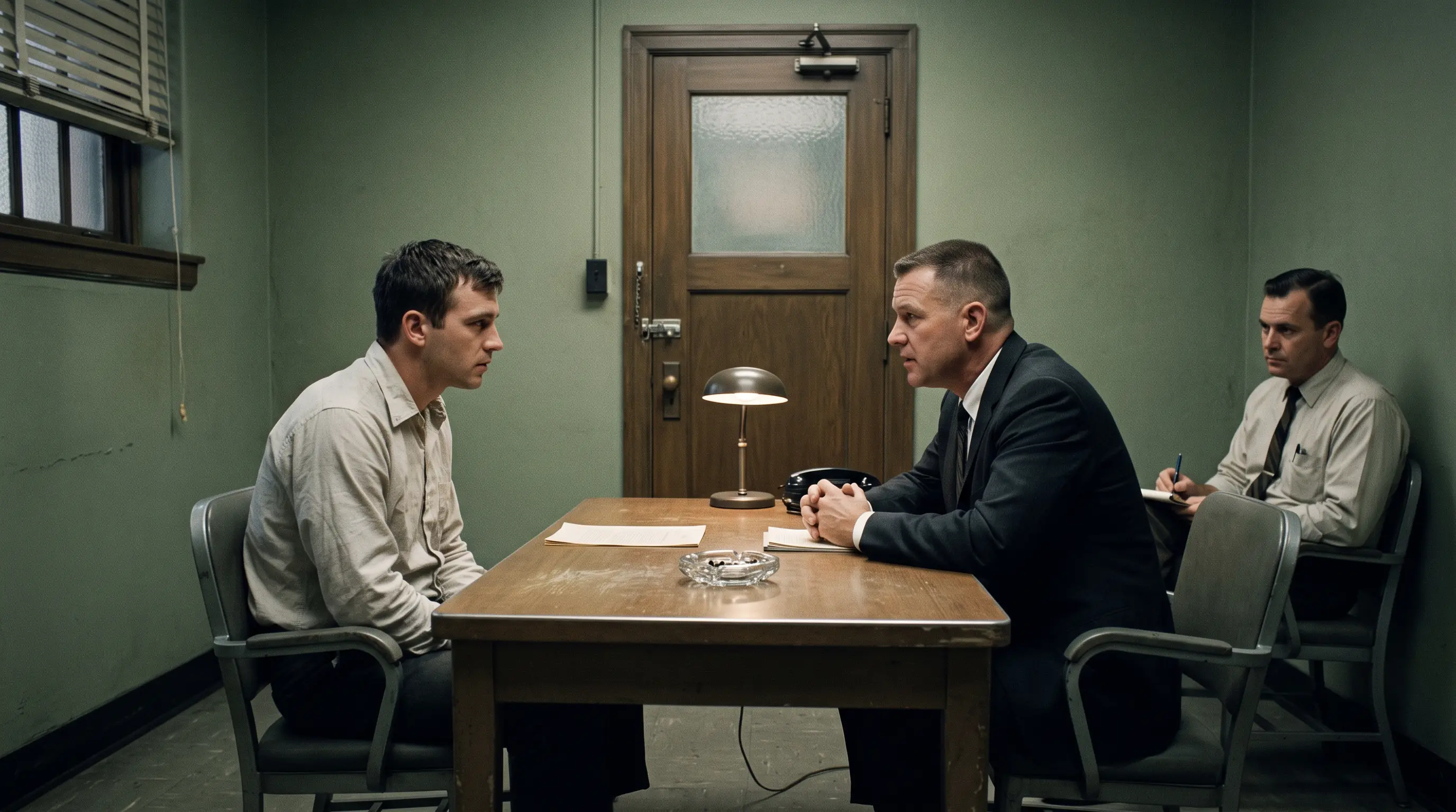Suspect questioned by detectives in a 1960s police room, representing the Miranda v. Arizona case.