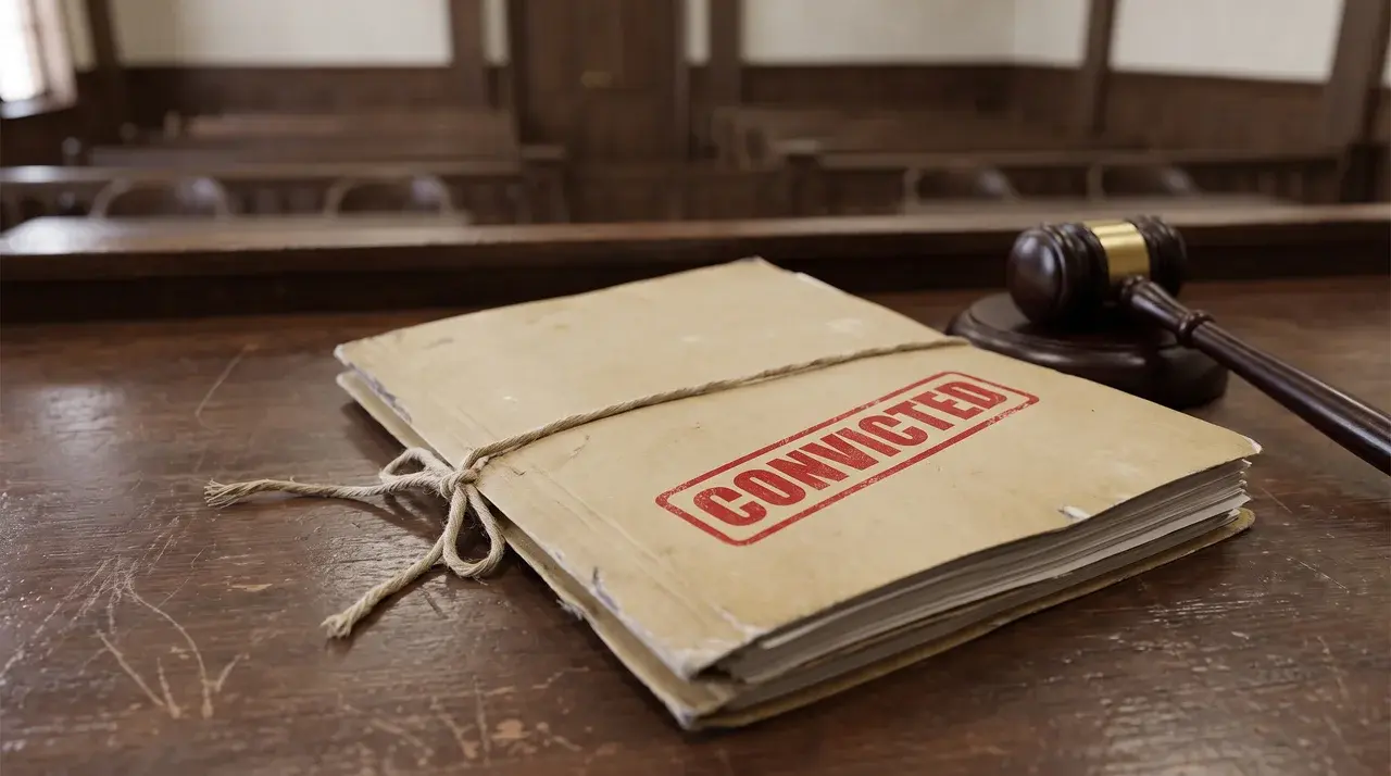 closed legal case file folder on wooden courtroom bench near a gavel