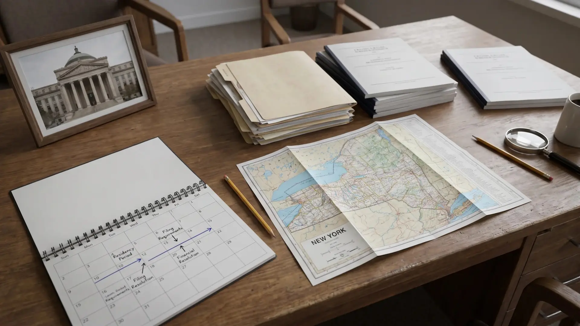 New York divorce law research with state map and legal documents