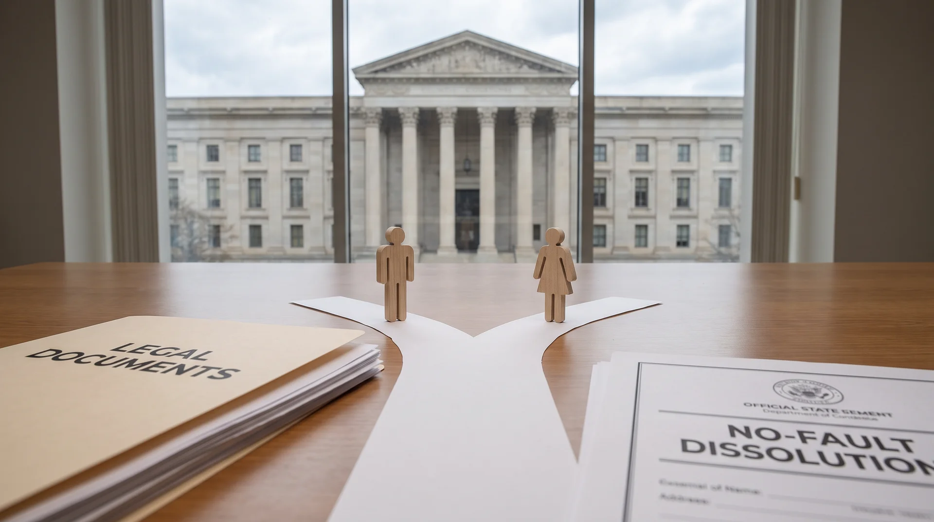 Divorce paperwork with a courthouse background representing the no-fault divorce process