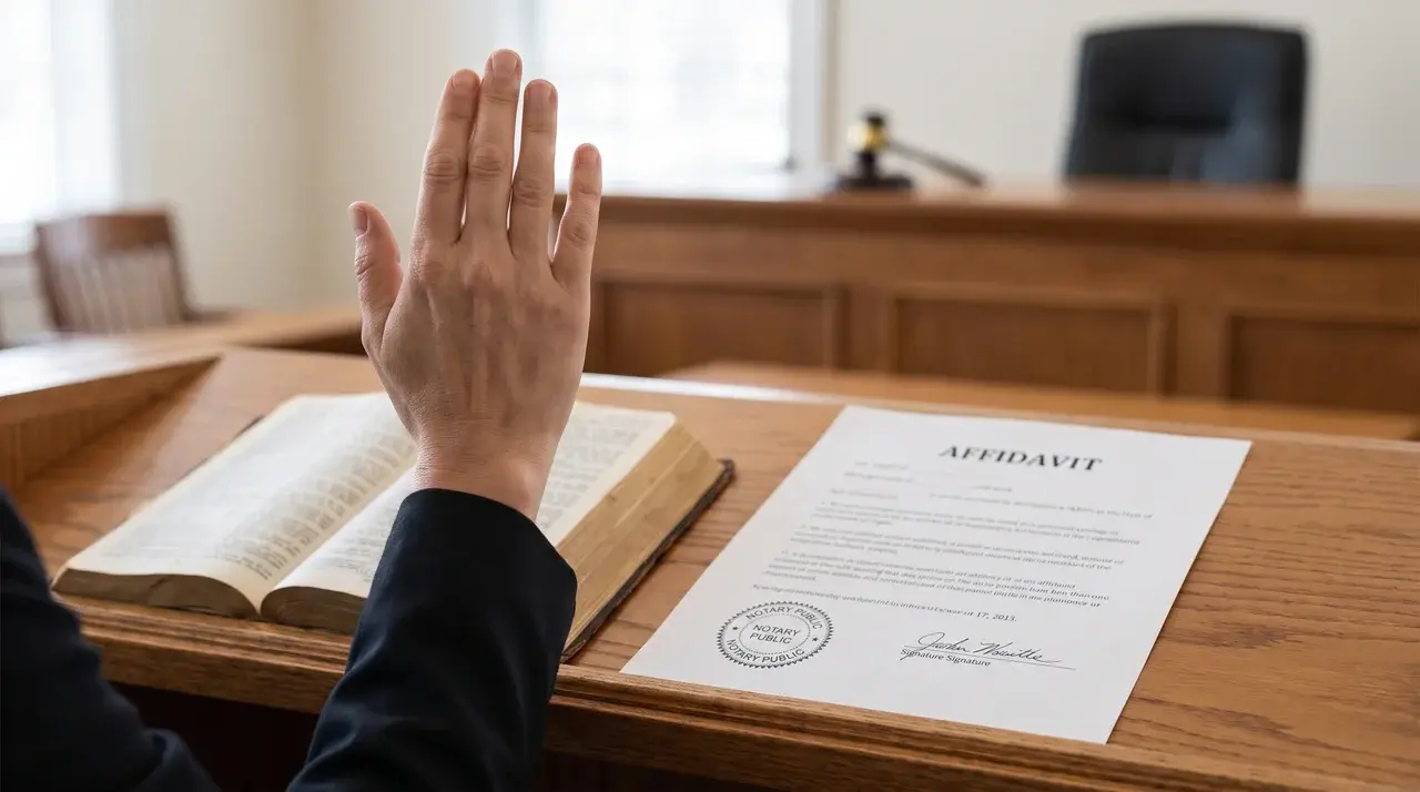 Notarized affidavit with seal beside a courtroom witness stand