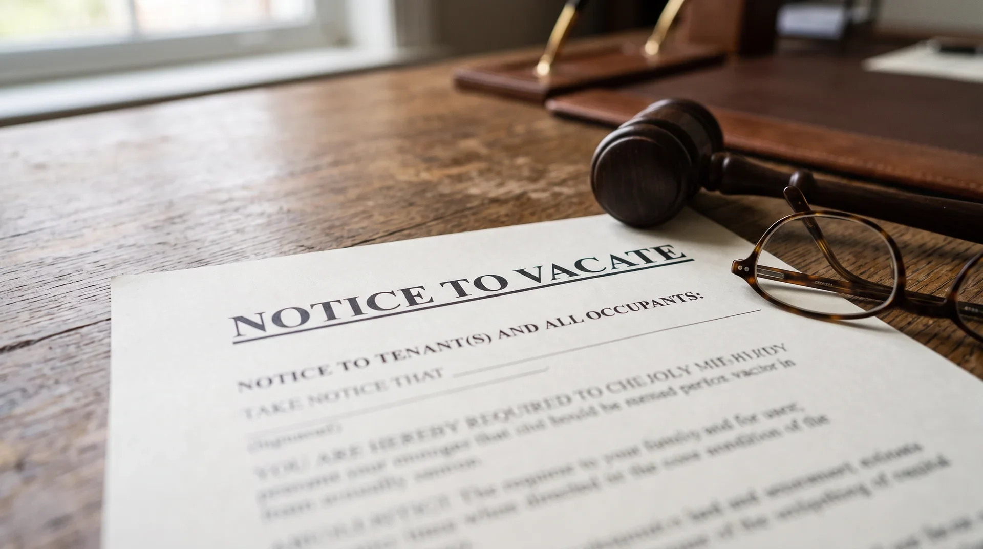 Notice to Vacate document on a wooden desk next to a judge's gavel and glasses.