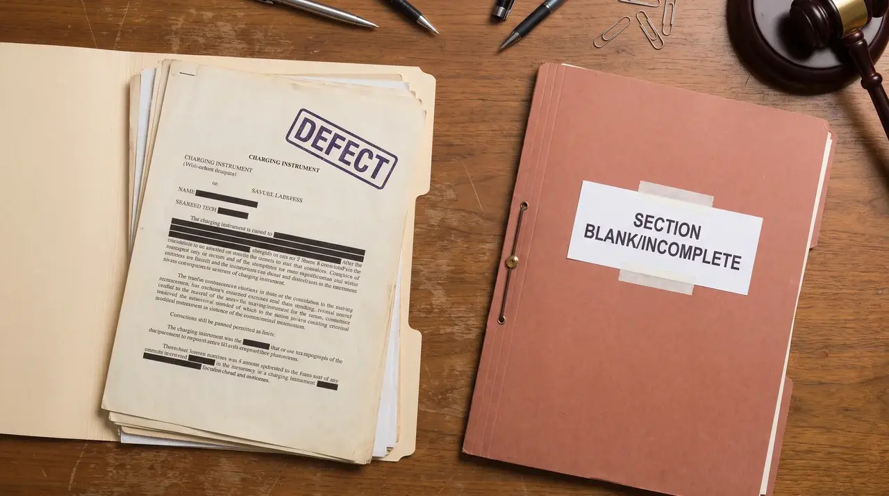 Open case file folder with a charging document and a separate incomplete evidence folder