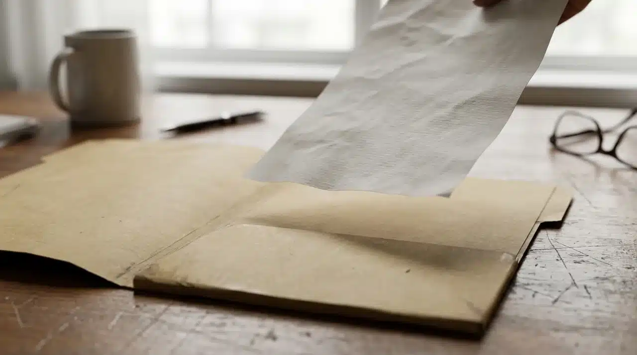 Open case folder with a loose page being placed back inside